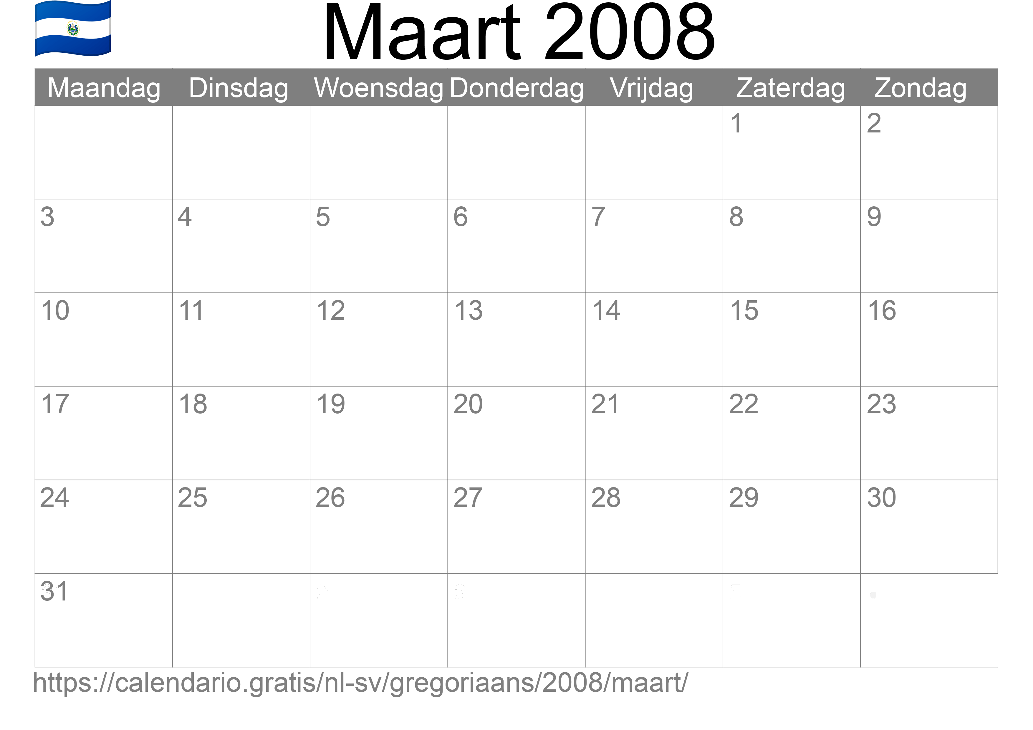 Kalender Maart 2008 om af te drukken