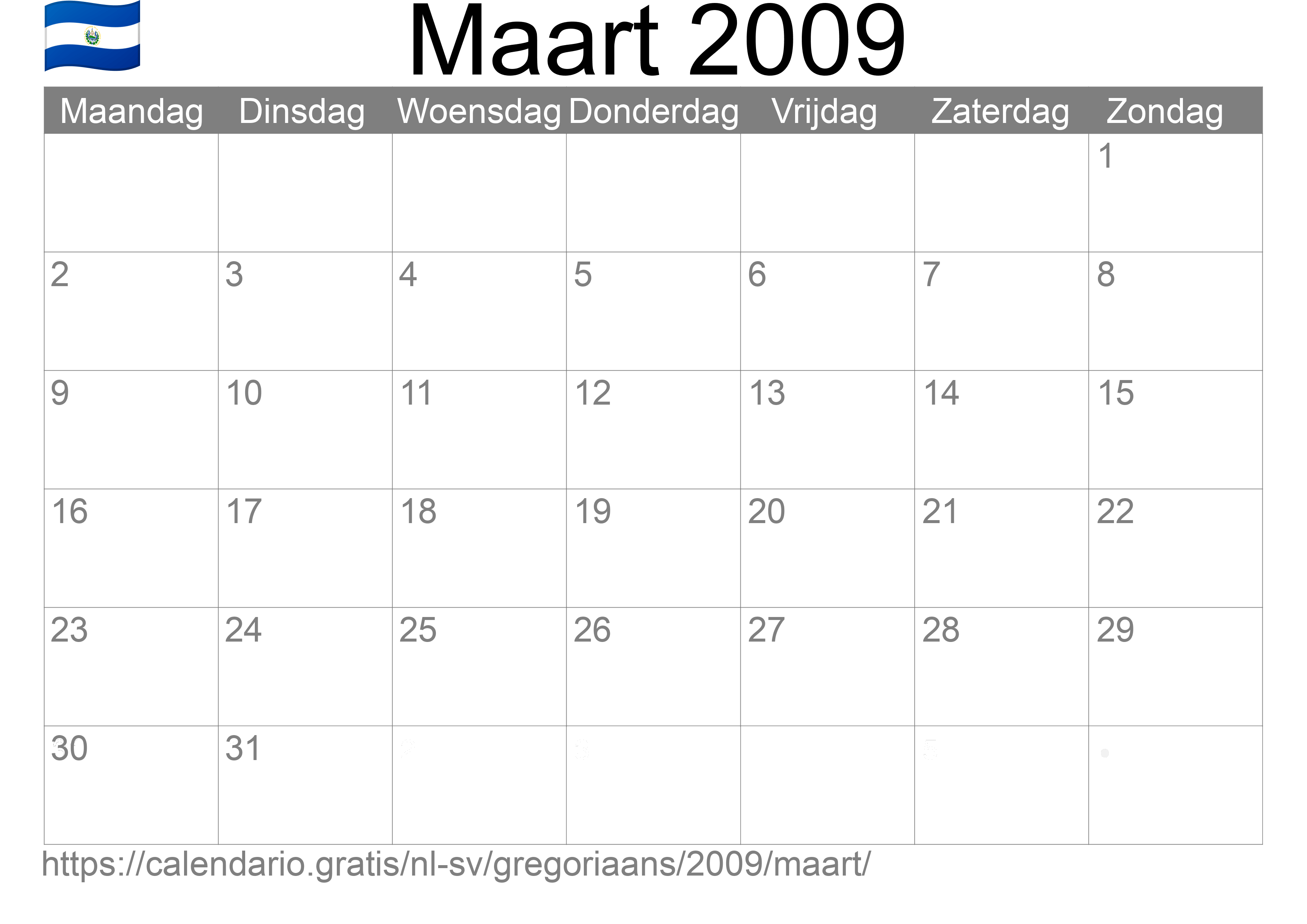 Kalender Maart 2009 om af te drukken