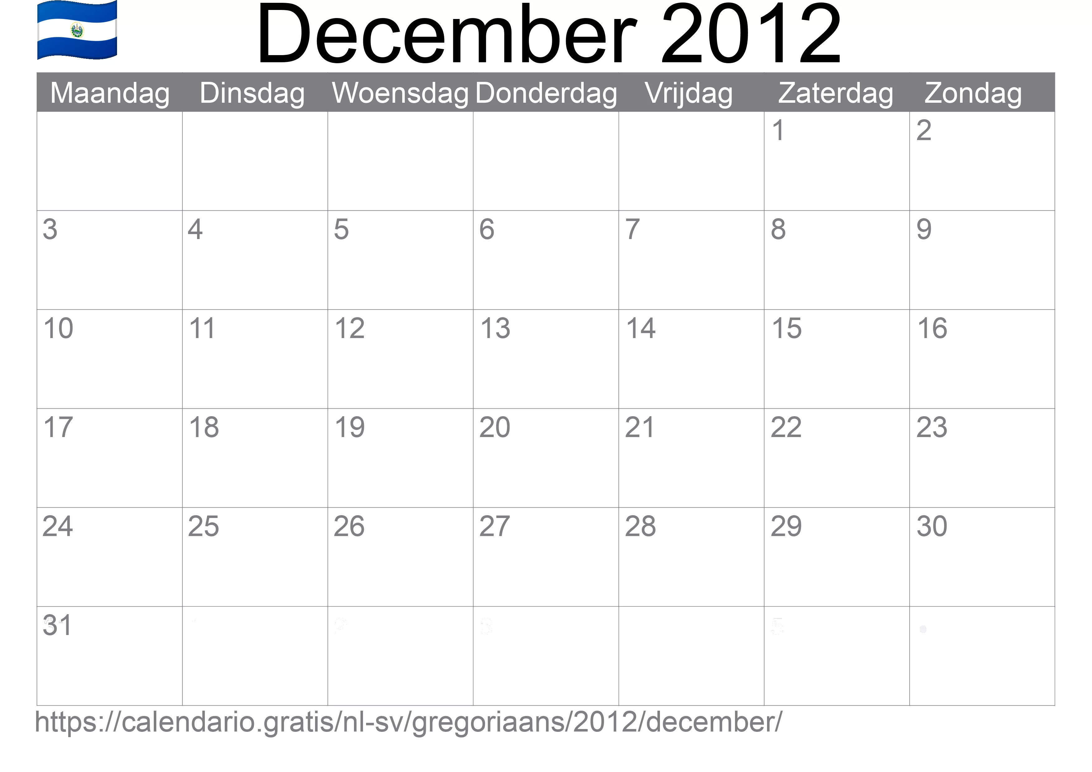 Kalender December 2012 om af te drukken (El Salvador)