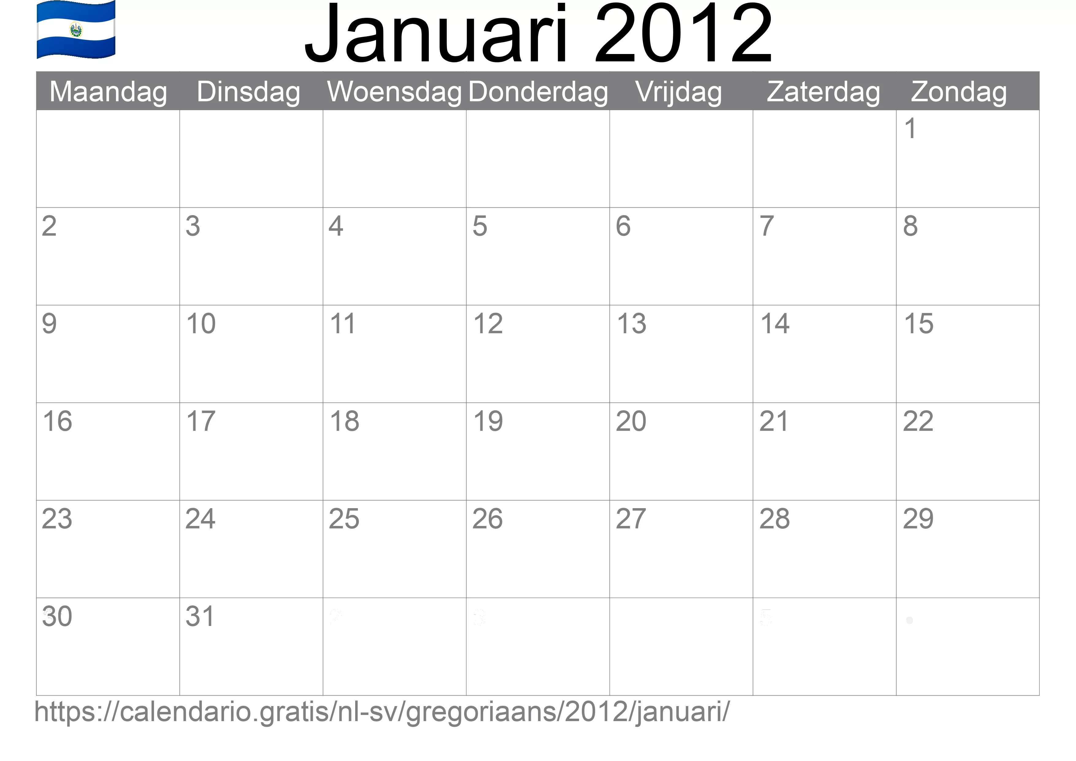 Kalender Januari 2012 om af te drukken (El Salvador)