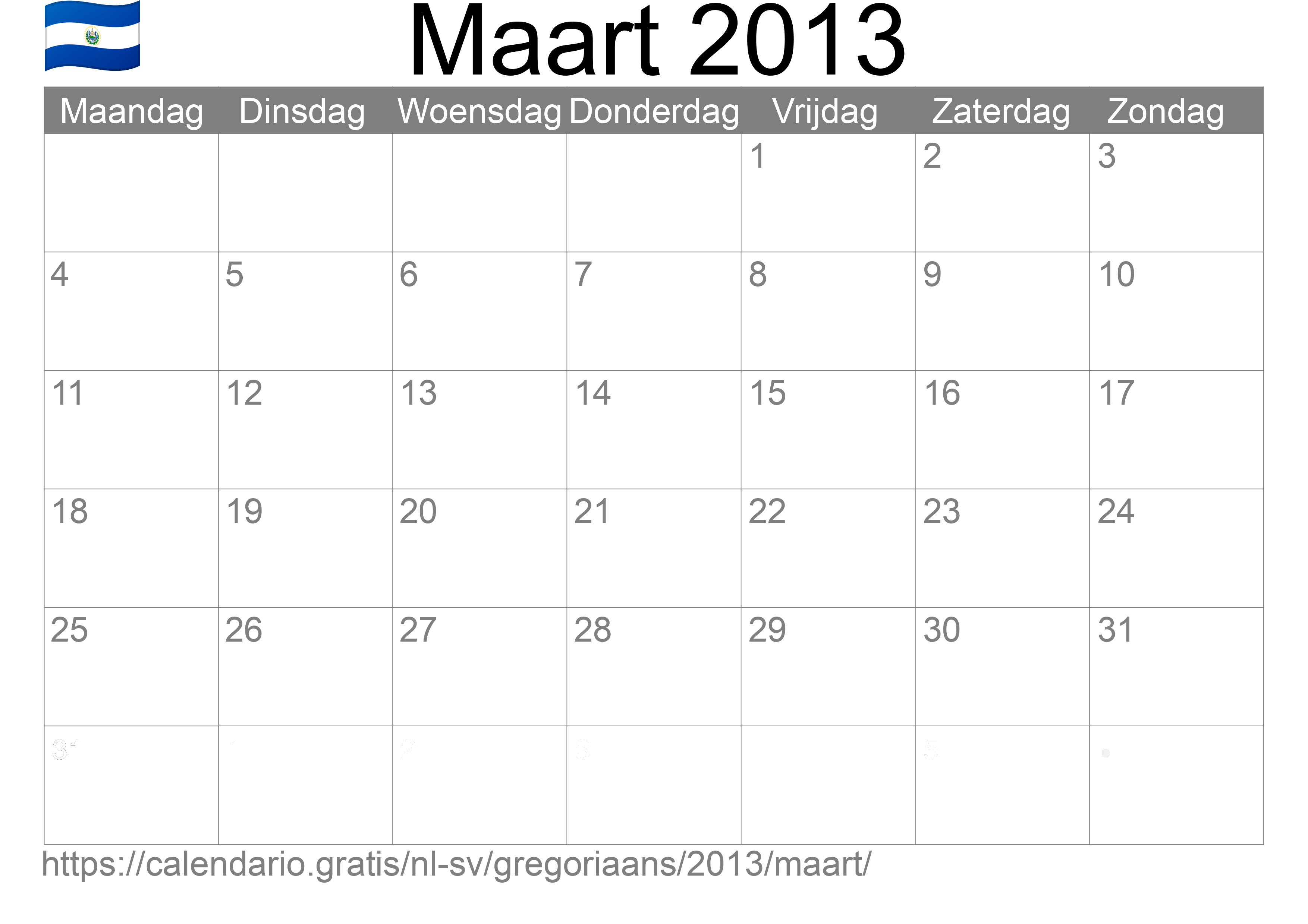 Kalender Maart 2013 om af te drukken