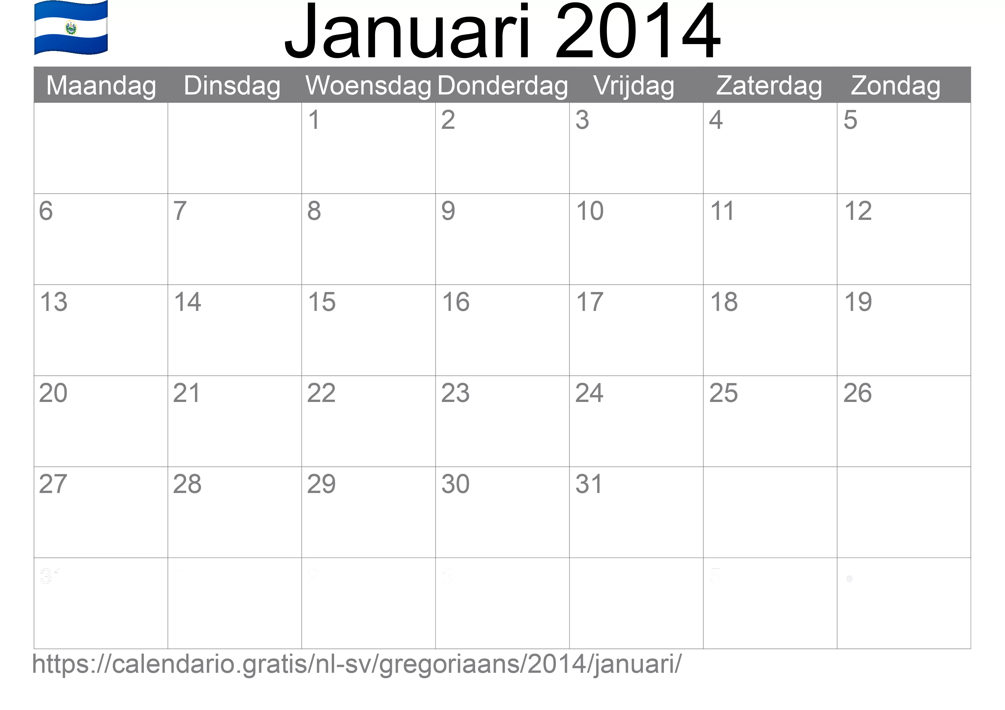 Kalender Januari 2014 om af te drukken (El Salvador)