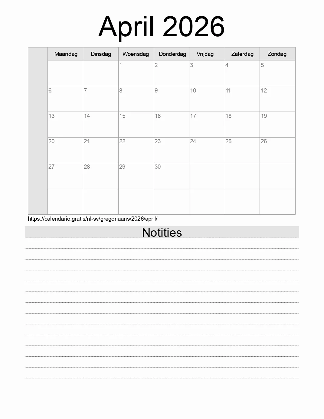 Kalender voor April 2026 om af te drukken met notities. (El Salvador)