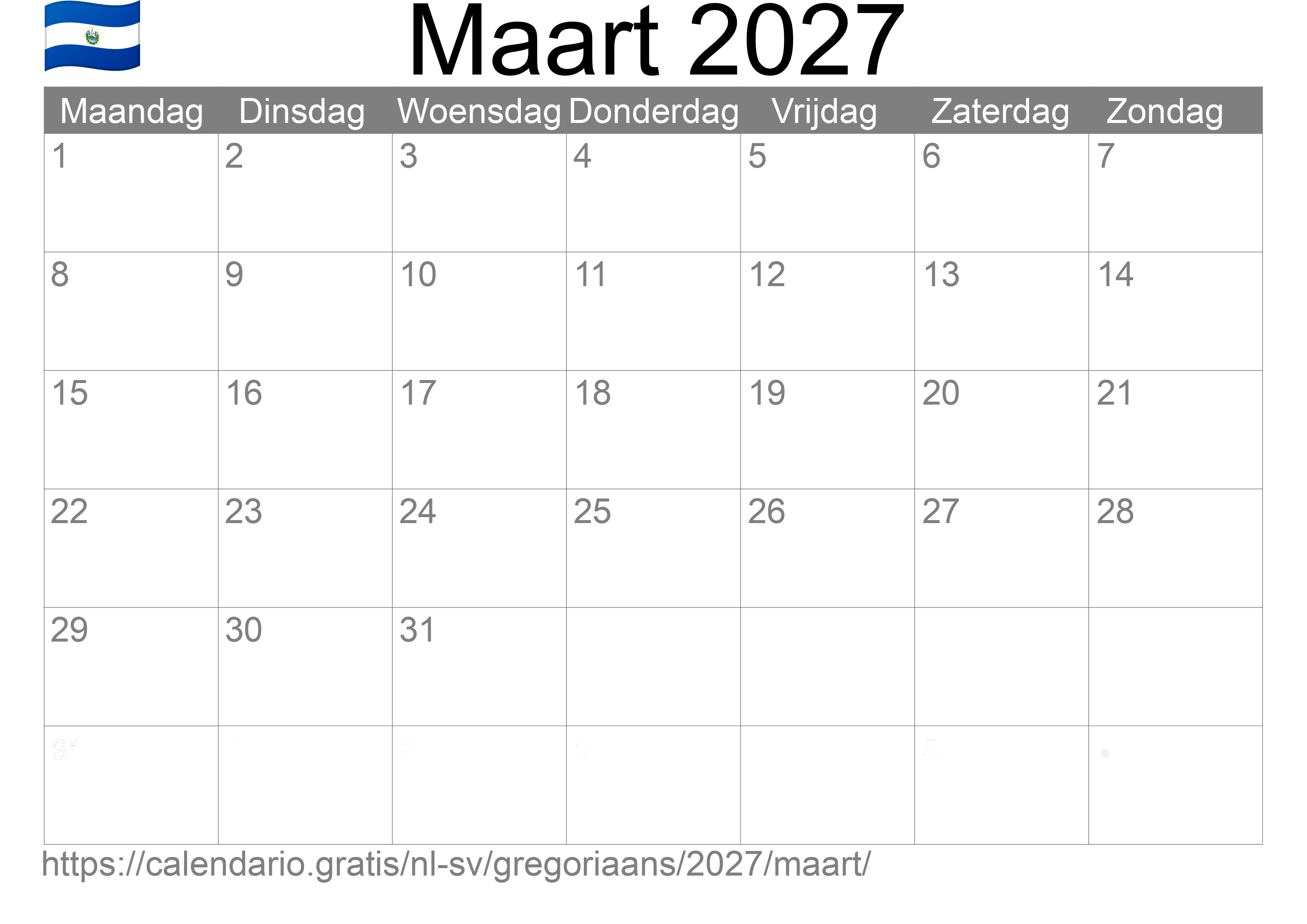 Kalender Maart 2027 om af te drukken