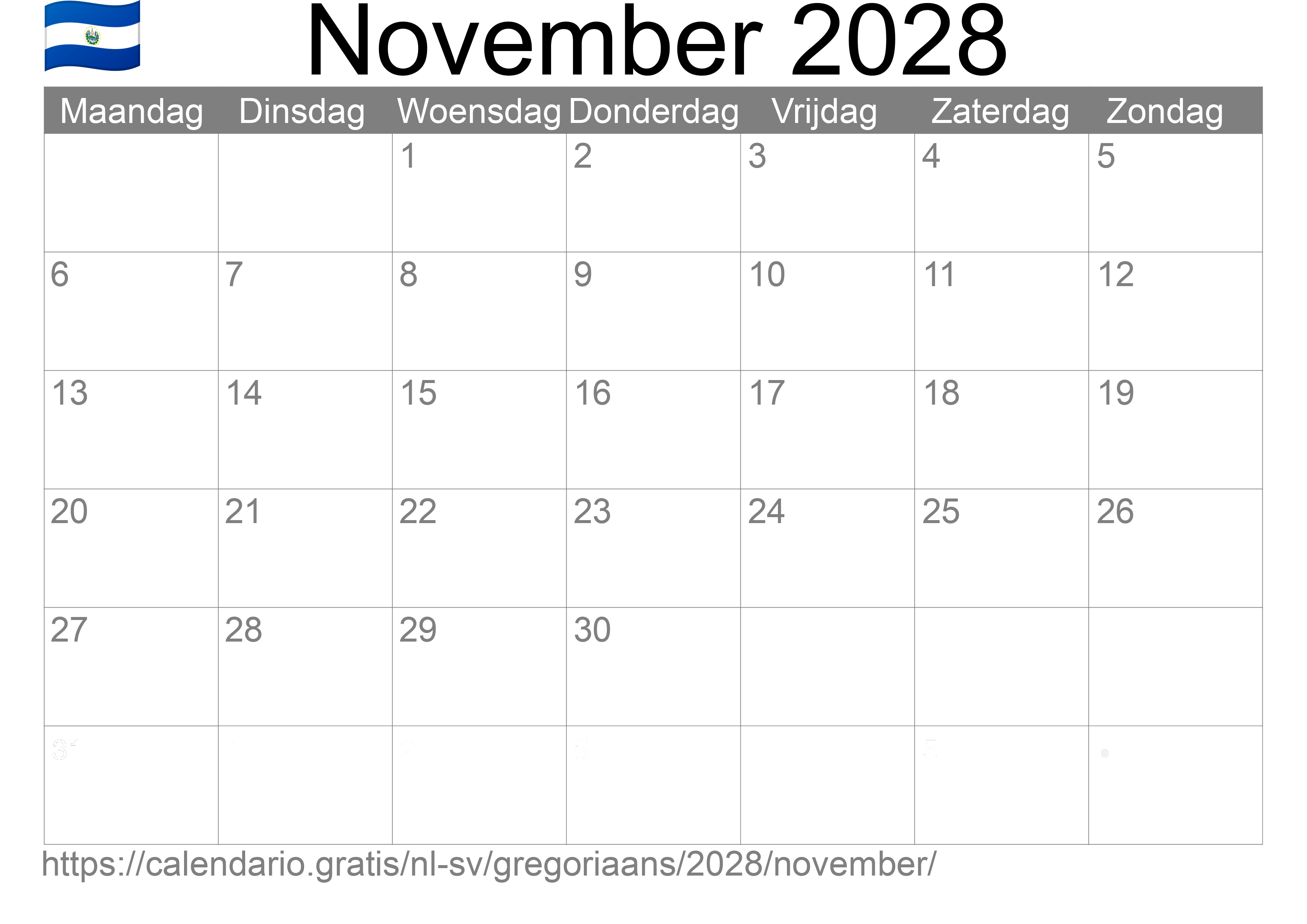 Kalender November 2028 om af te drukken