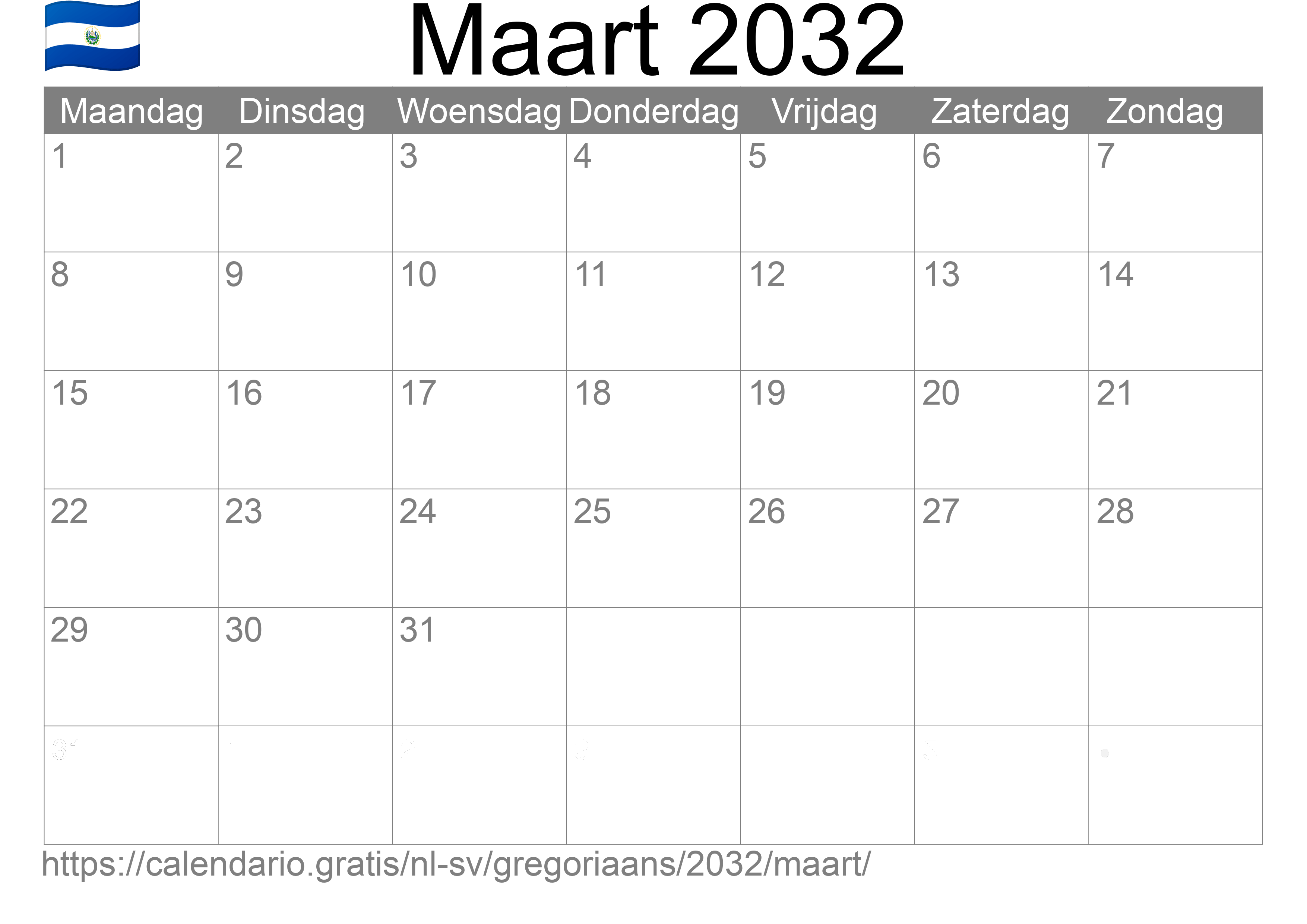 Kalender Maart 2032 om af te drukken