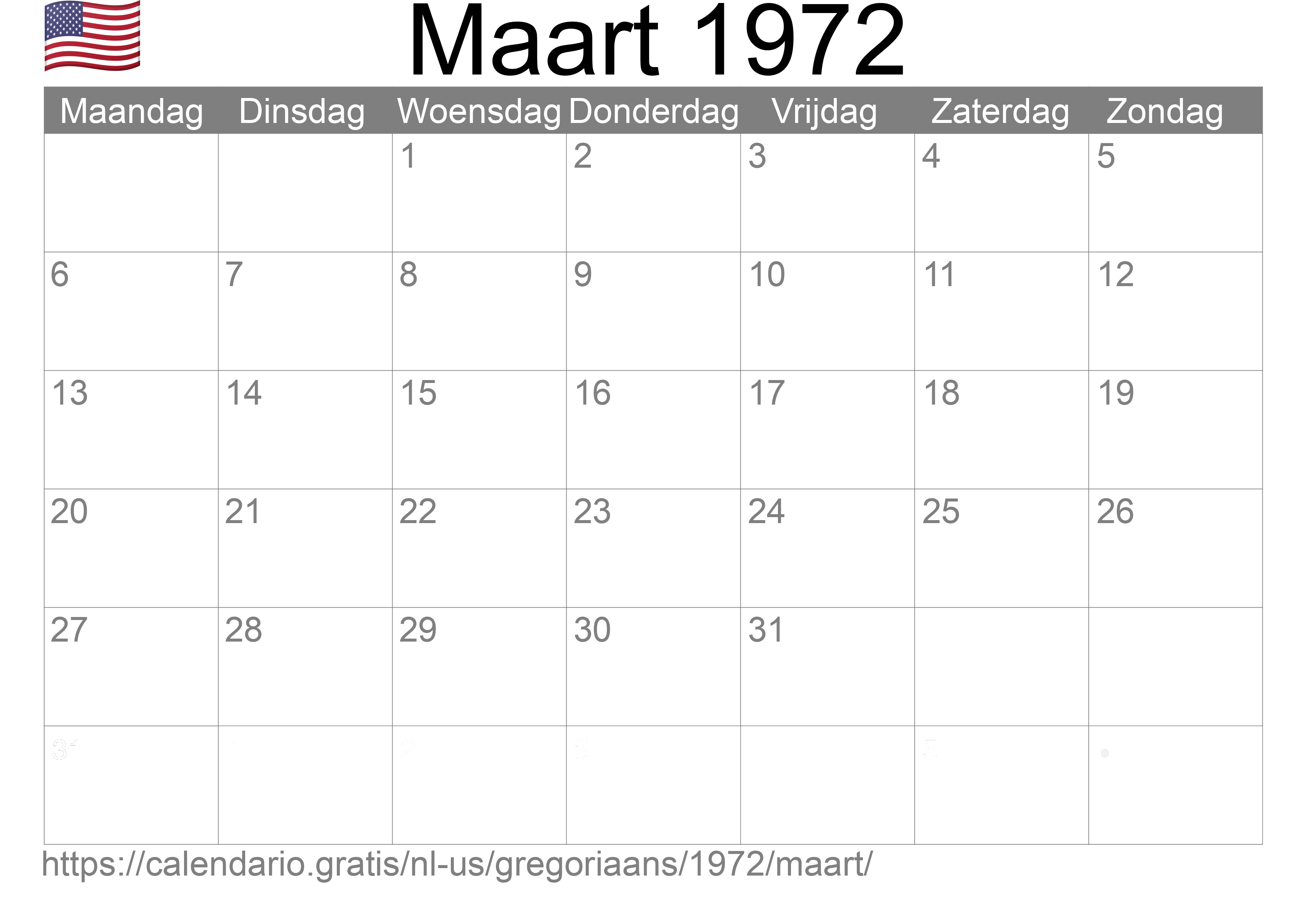 Kalender Maart 1972 om af te drukken