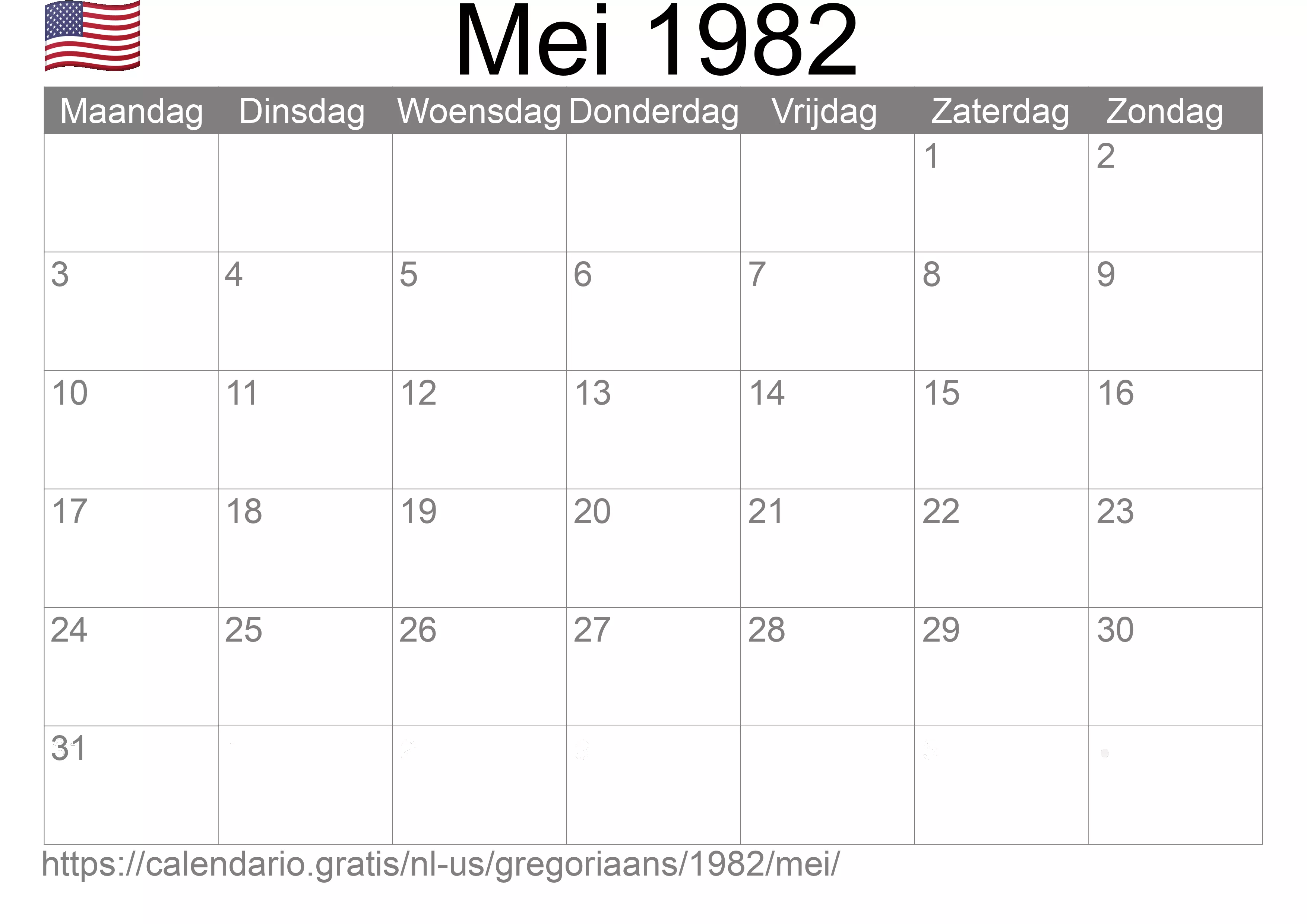 Kalender Mei 1982 om af te drukken (Verenigde Staten van Amerika)
