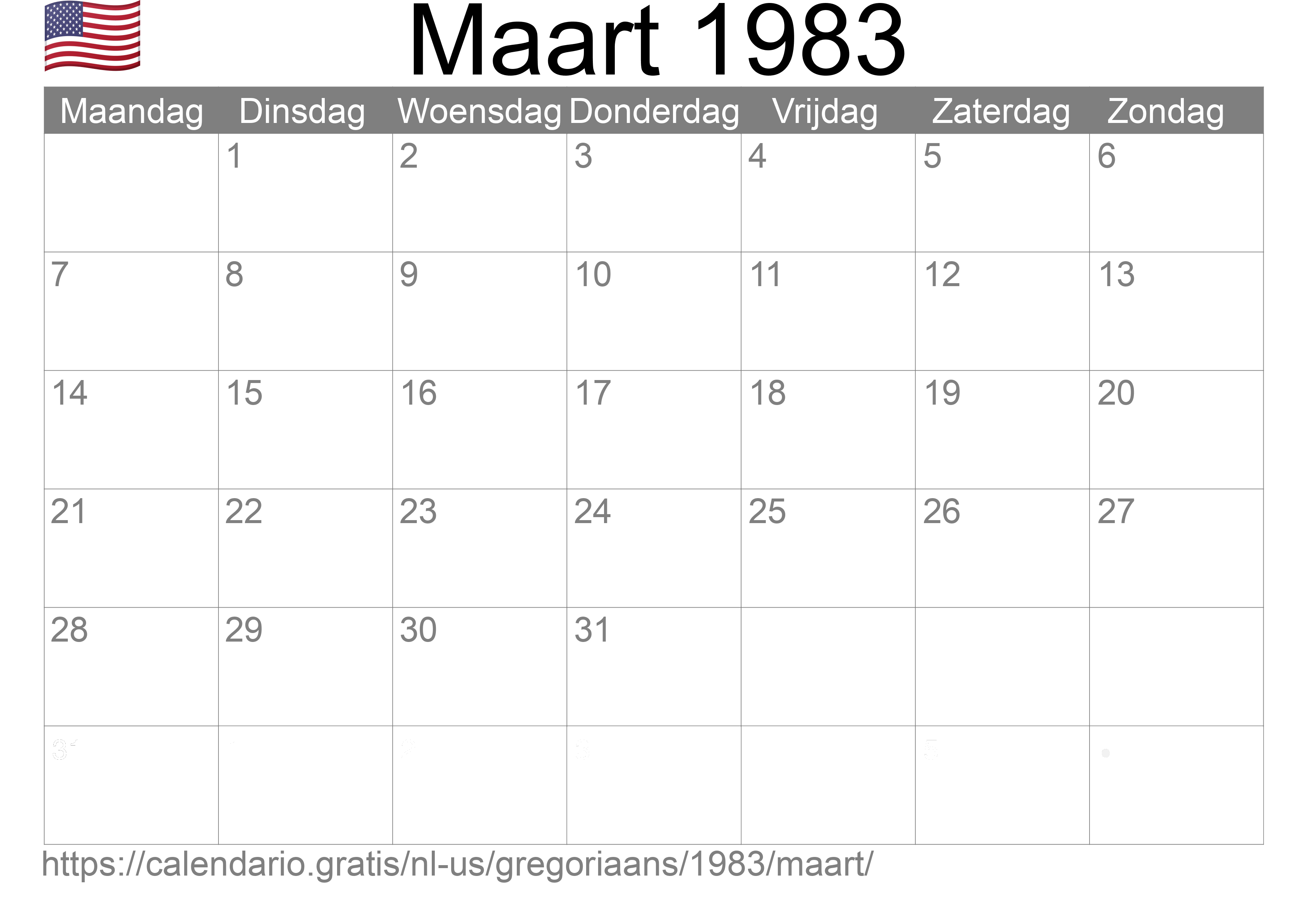 Kalender Maart 1983 om af te drukken