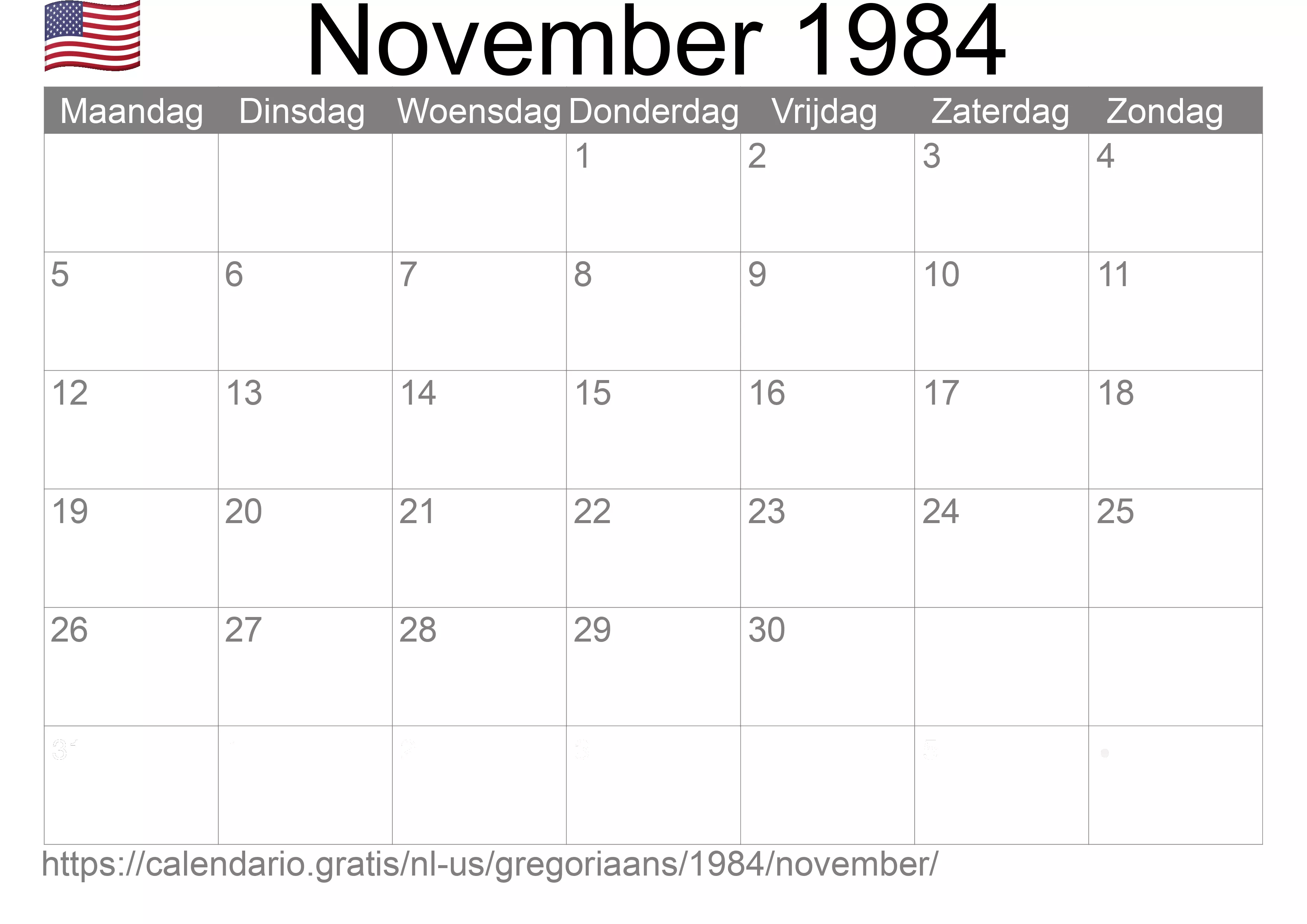 Kalender November 1984 om af te drukken (Verenigde Staten van Amerika)