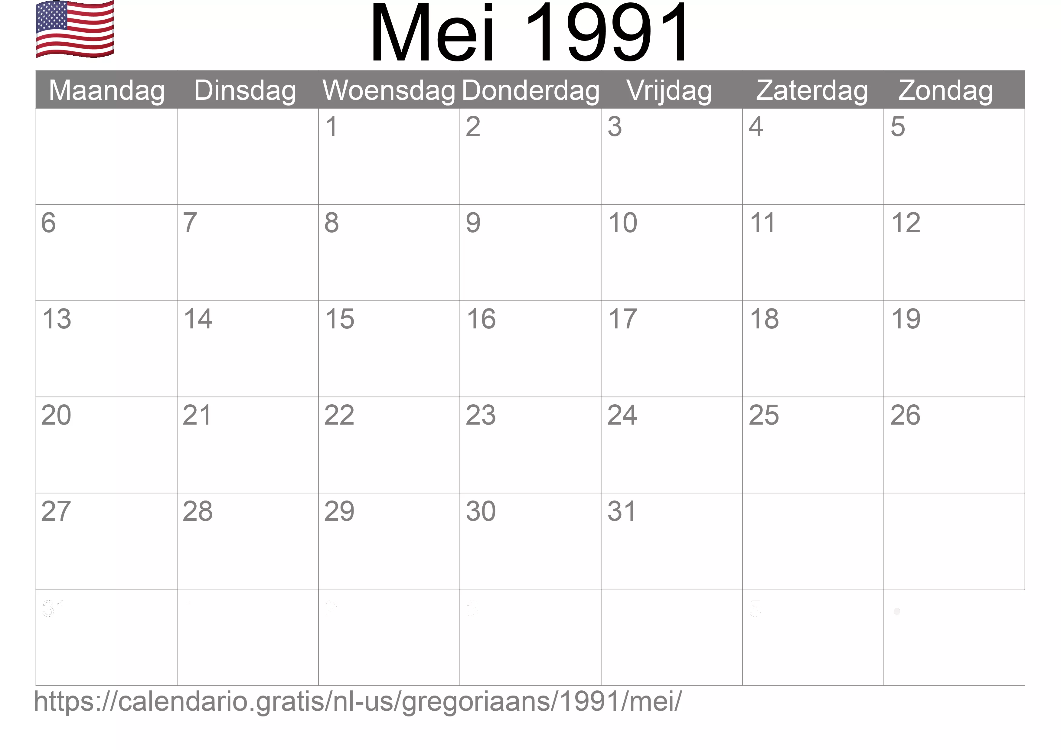 Kalender Mei 1991 om af te drukken (Verenigde Staten van Amerika)