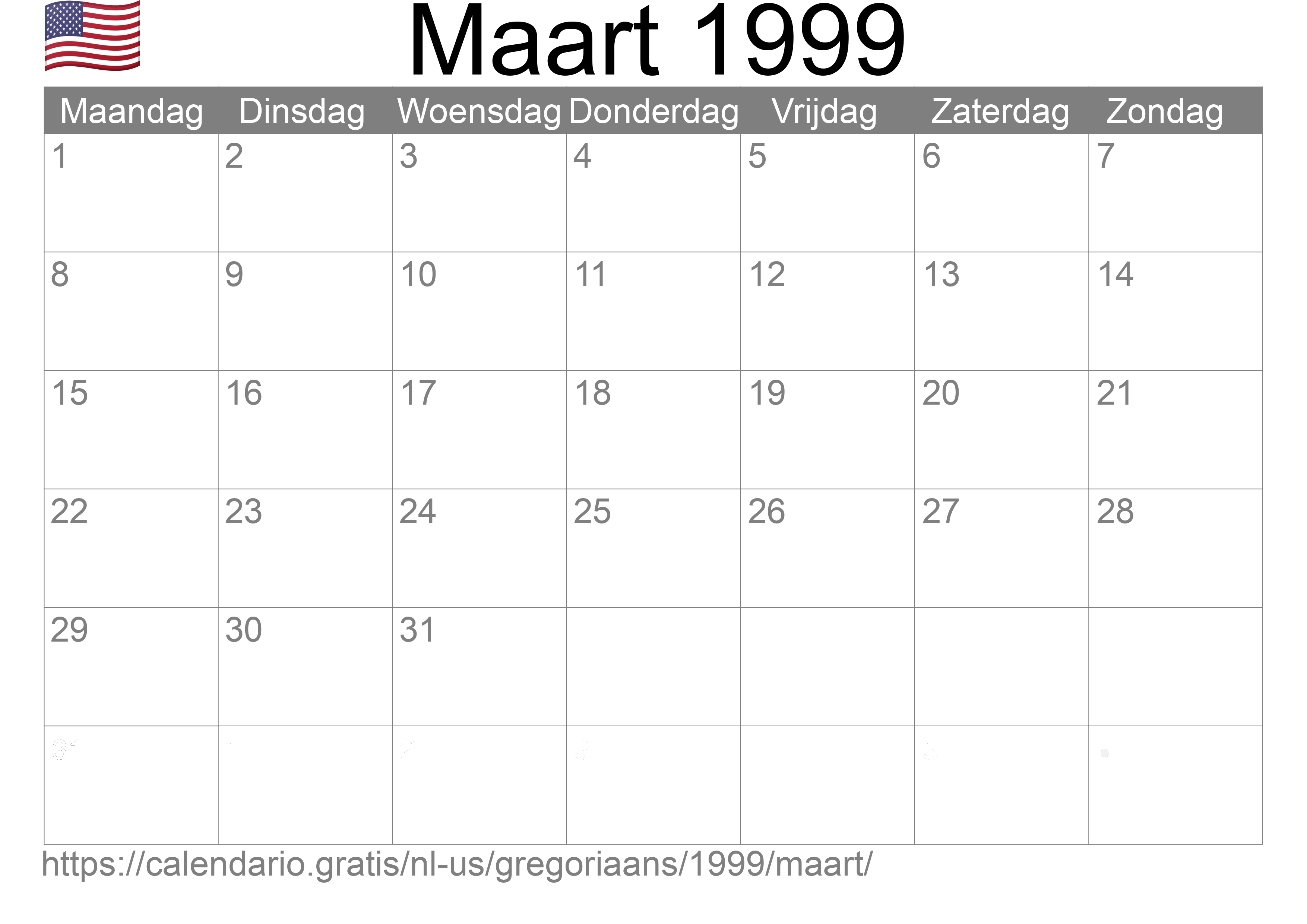 Kalender Maart 1999 om af te drukken