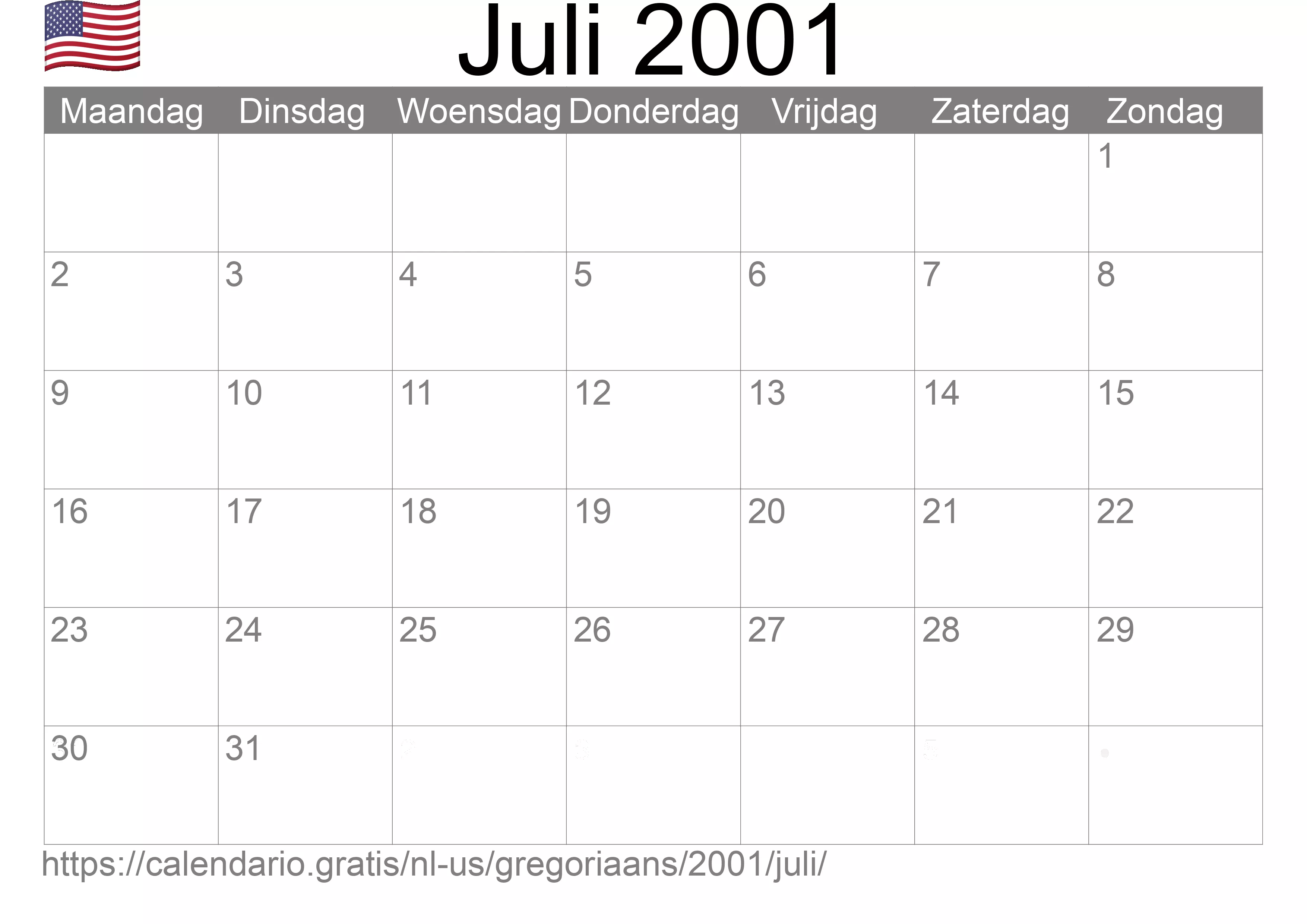 Kalender Juli 2001 om af te drukken (Verenigde Staten van Amerika)