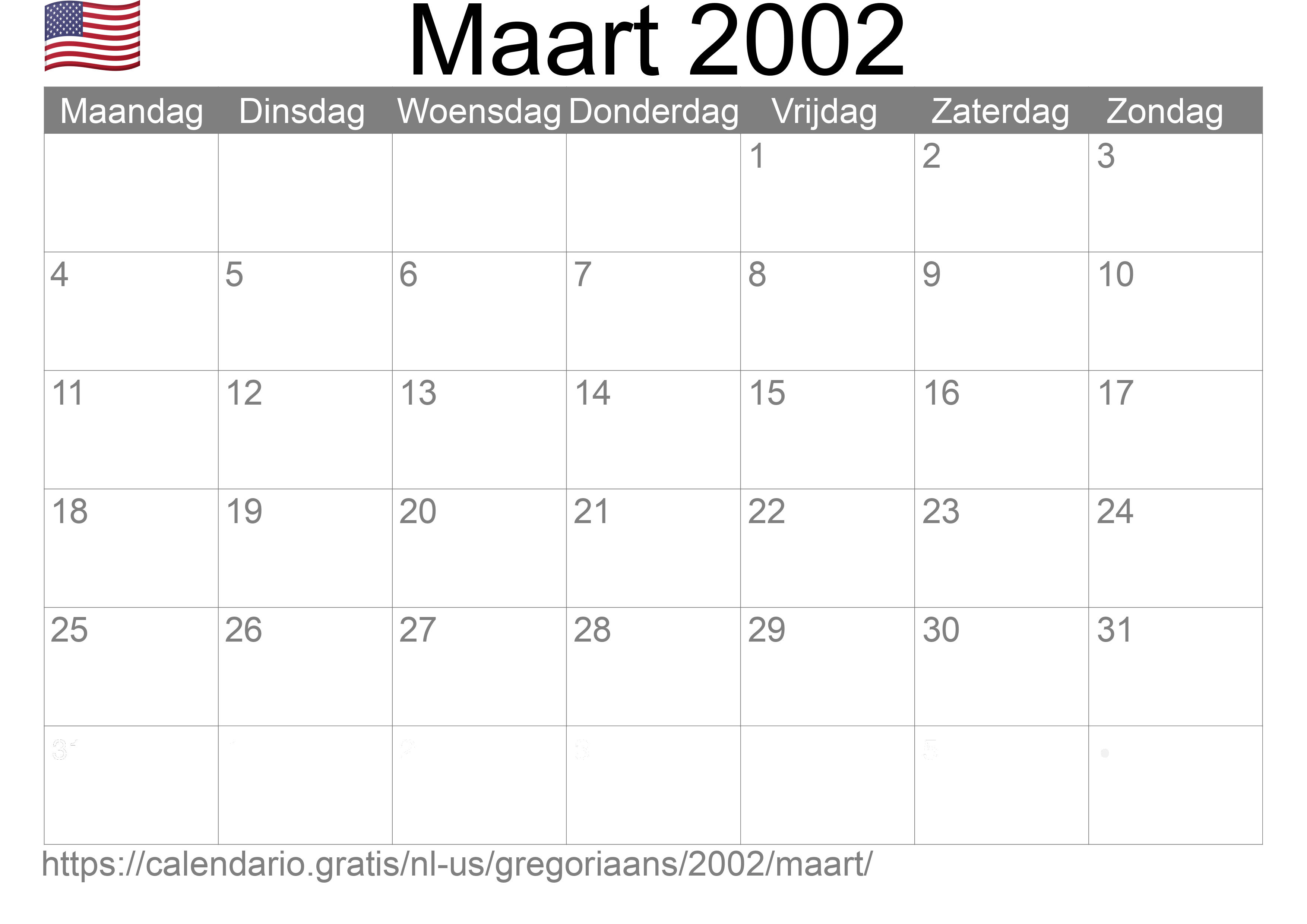 Kalender Maart 2002 om af te drukken