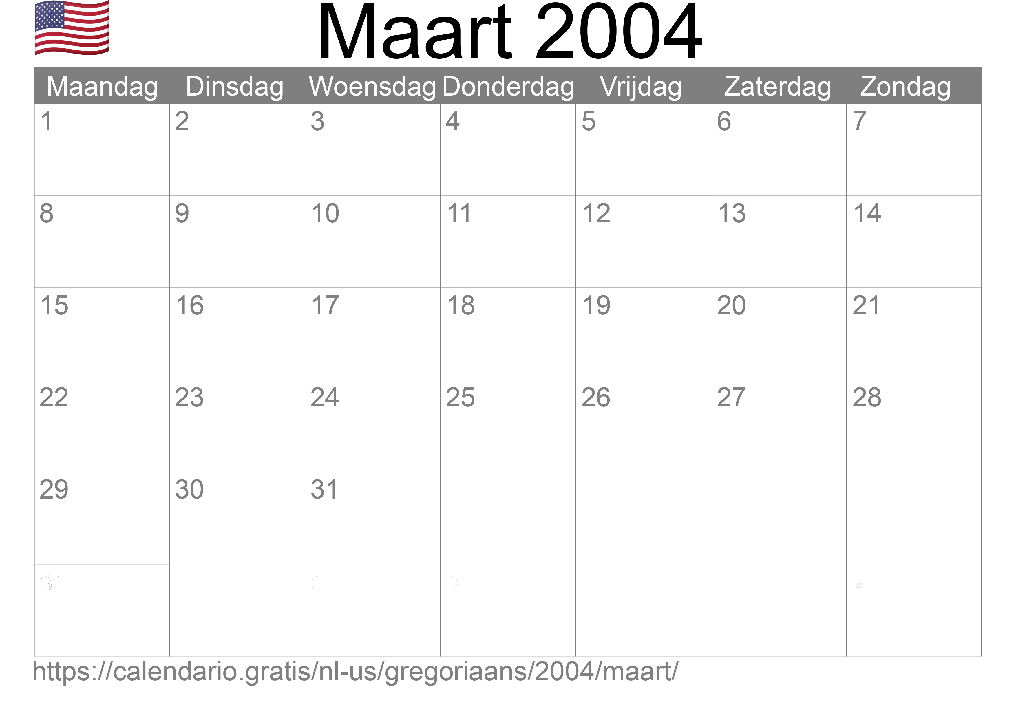 Kalender Maart 2004 om af te drukken