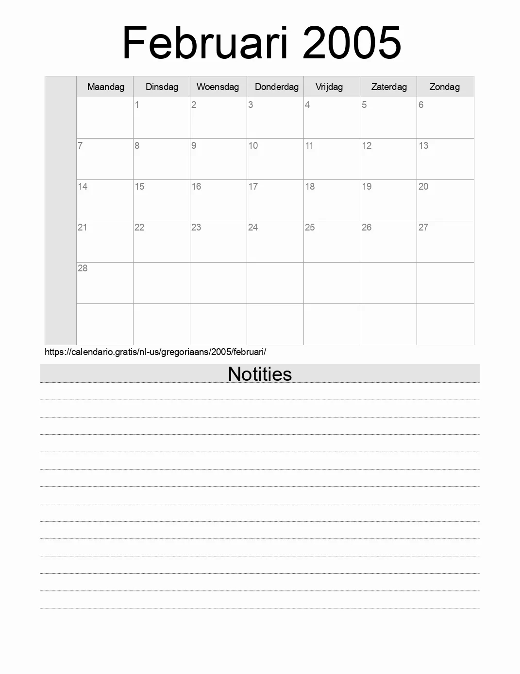 Kalender voor Februari 2005 om af te drukken met notities. (Verenigde Staten van Amerika) Kalender voor Februari 2005 om af te drukken met notities. (Verenigde Staten van Amerika)