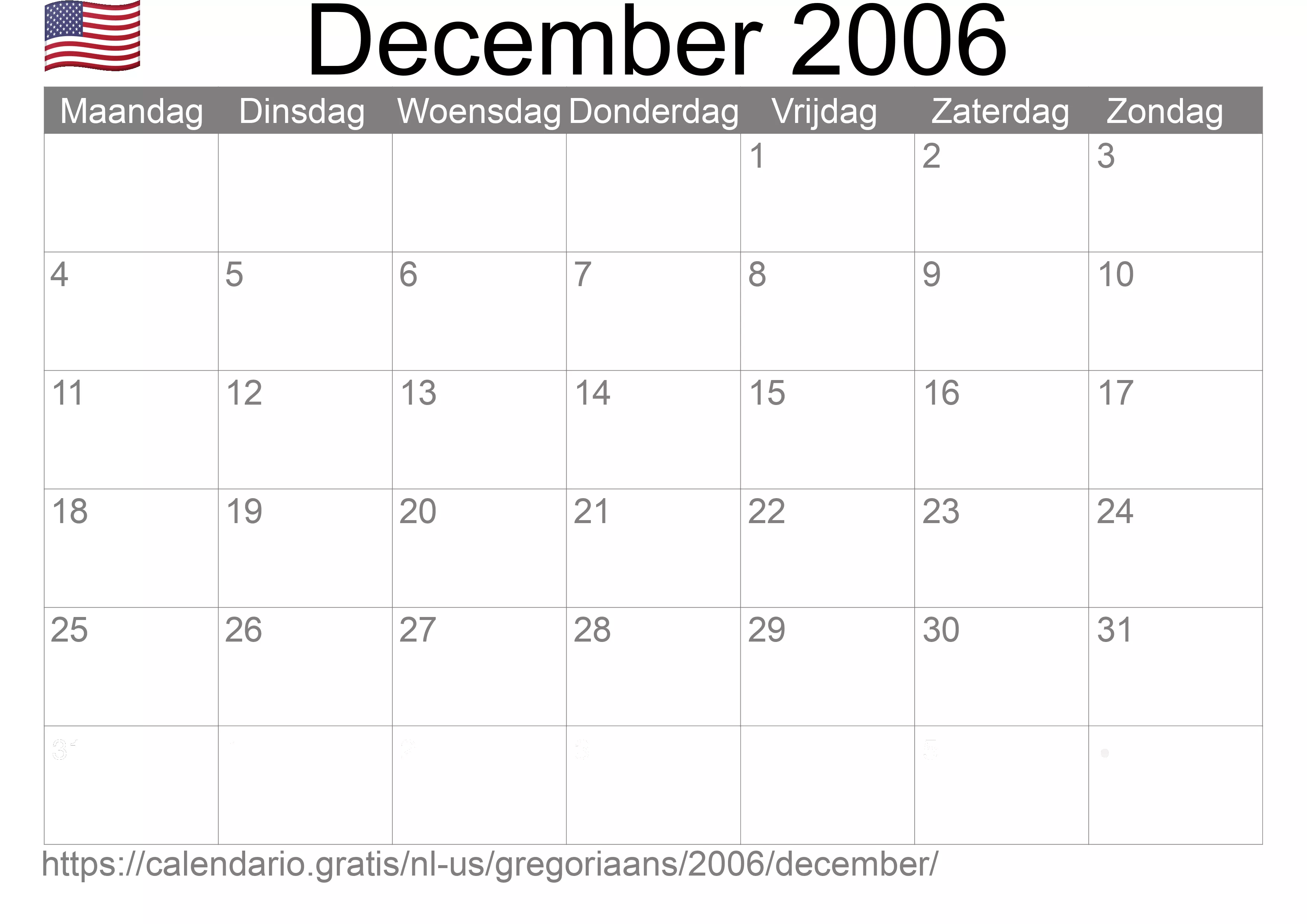 Kalender December 2006 om af te drukken (Verenigde Staten van Amerika)