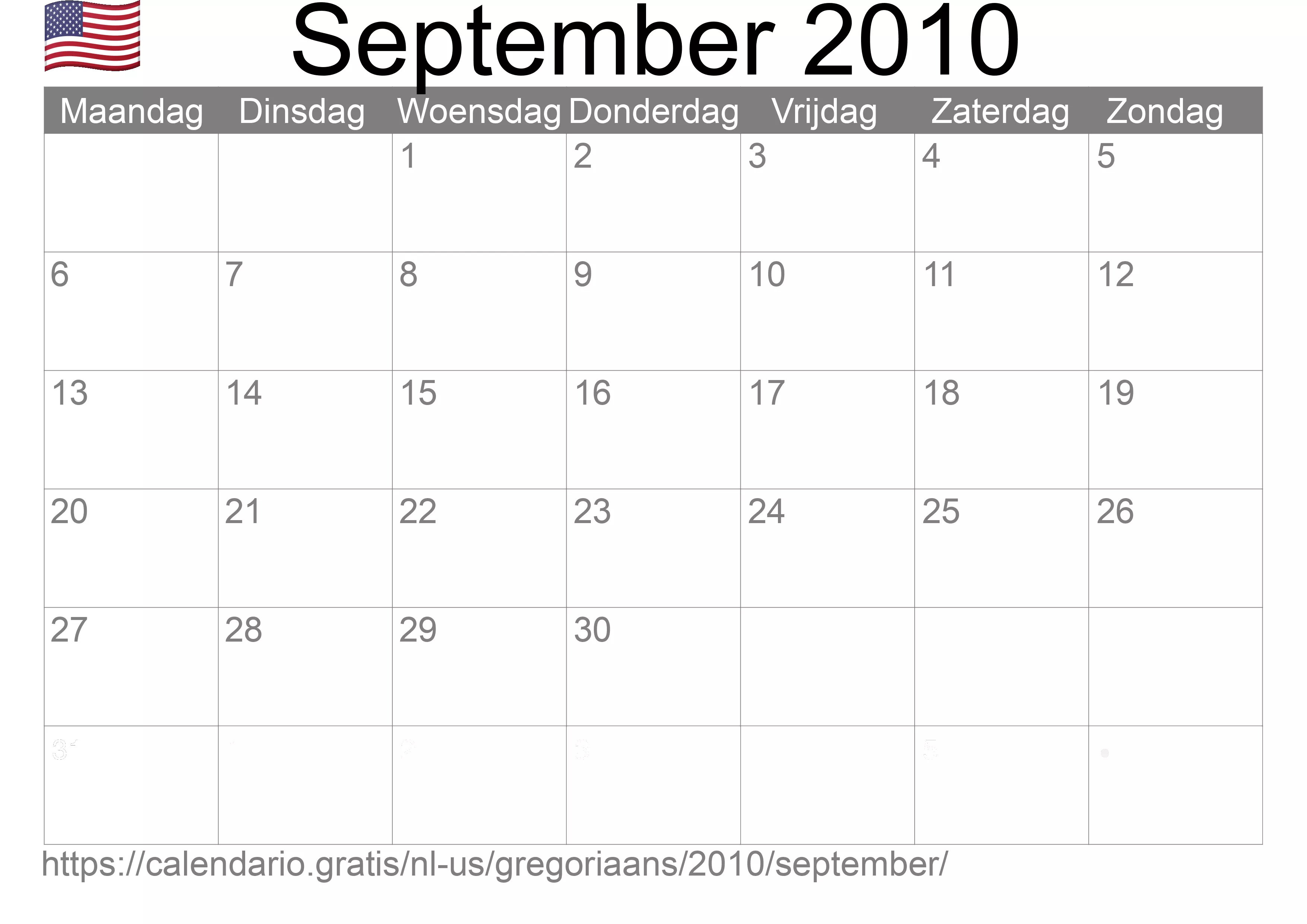Kalender September 2010 om af te drukken (Verenigde Staten van Amerika)