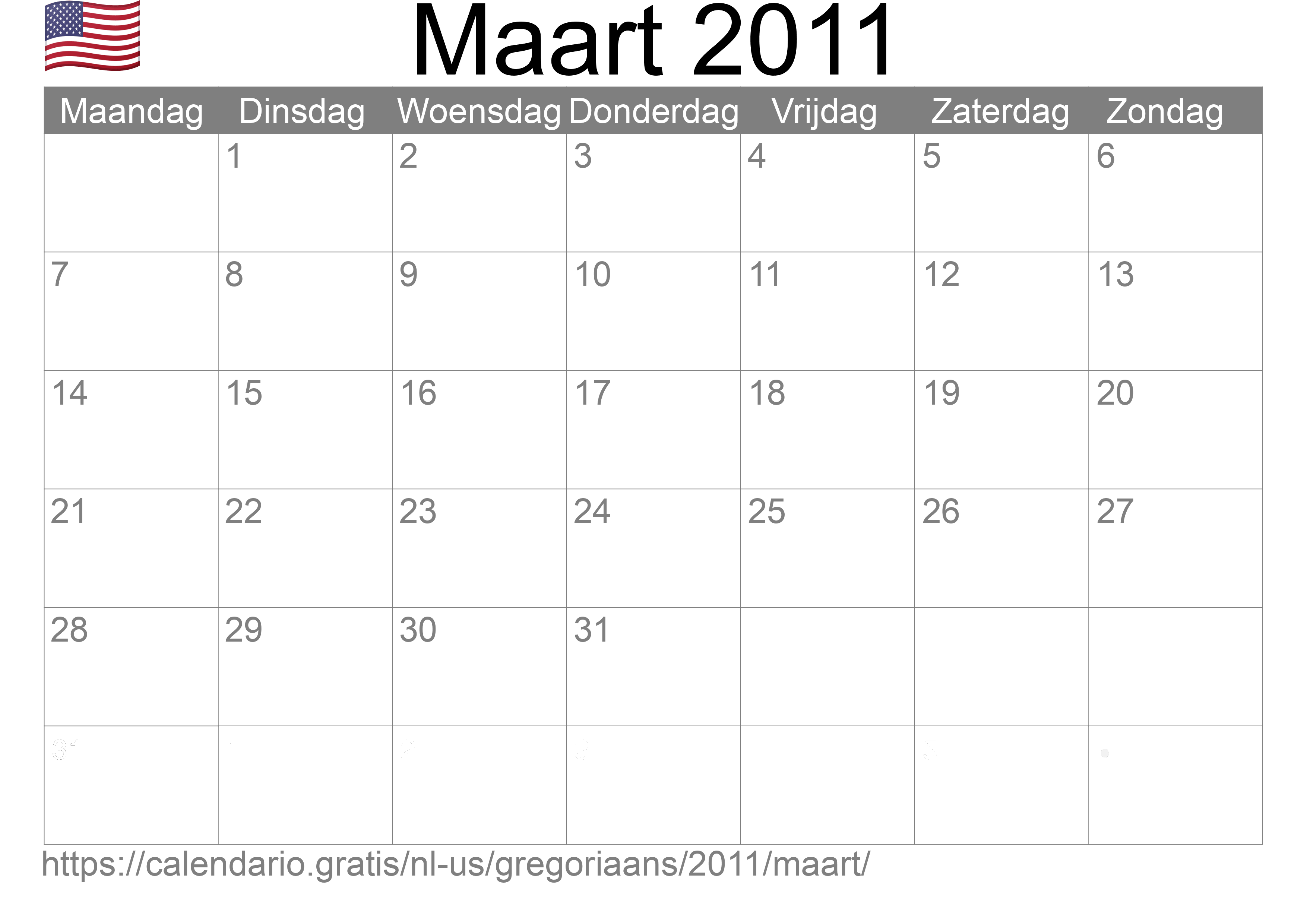 Kalender Maart 2011 om af te drukken