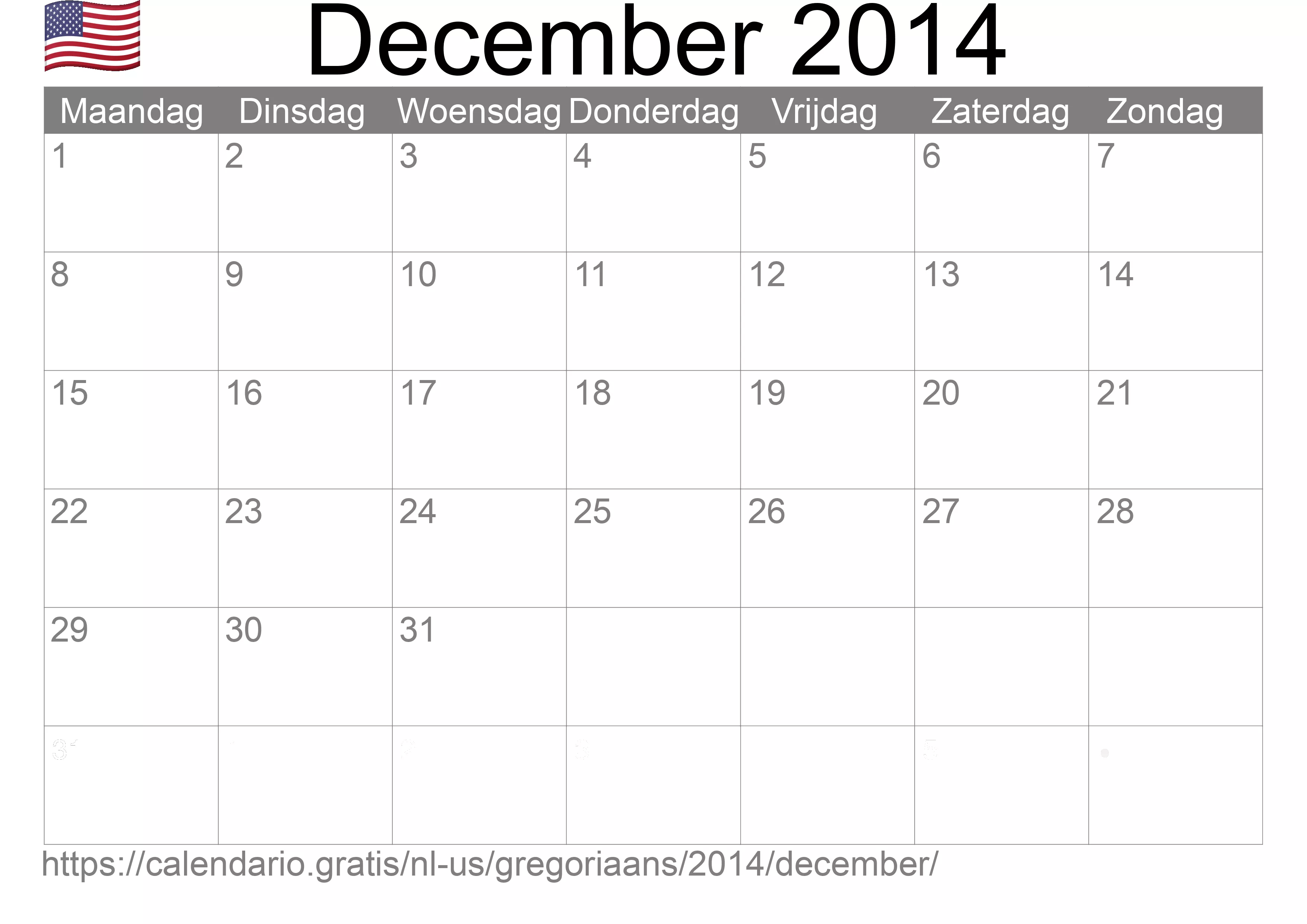 Kalender December 2014 om af te drukken (Verenigde Staten van Amerika)