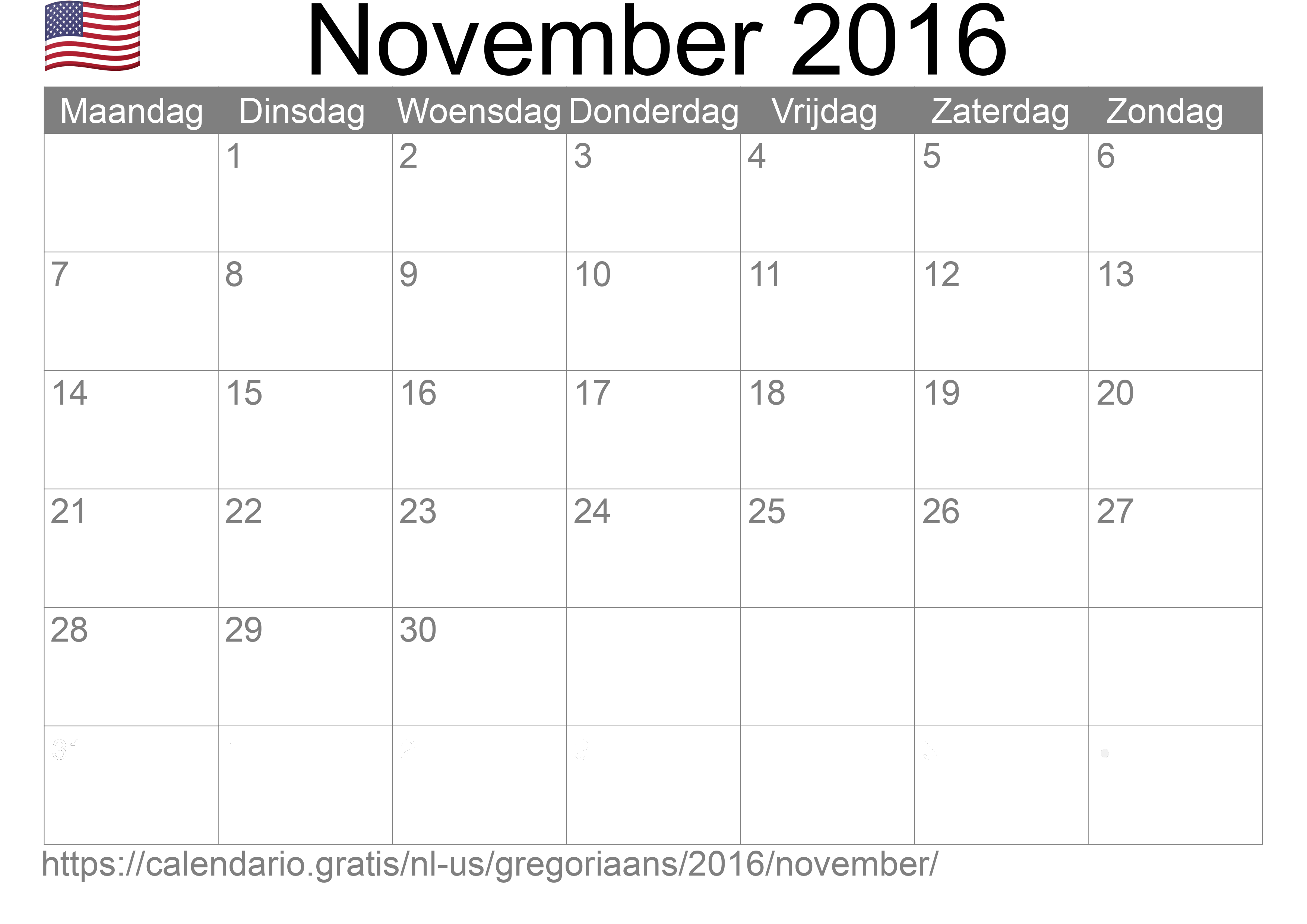 Kalender November 2016 om af te drukken