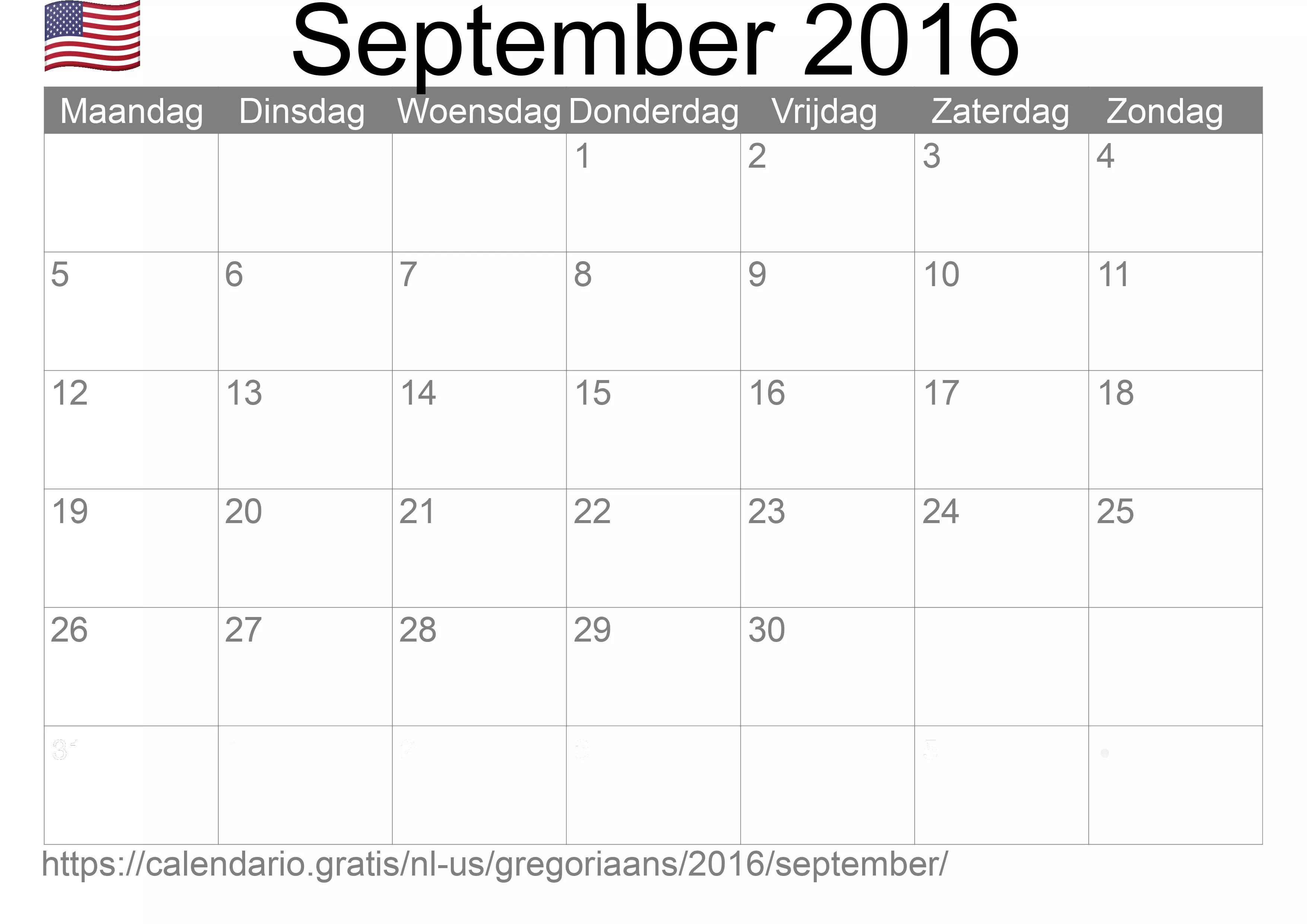 Kalender September 2016 om af te drukken (Verenigde Staten van Amerika)