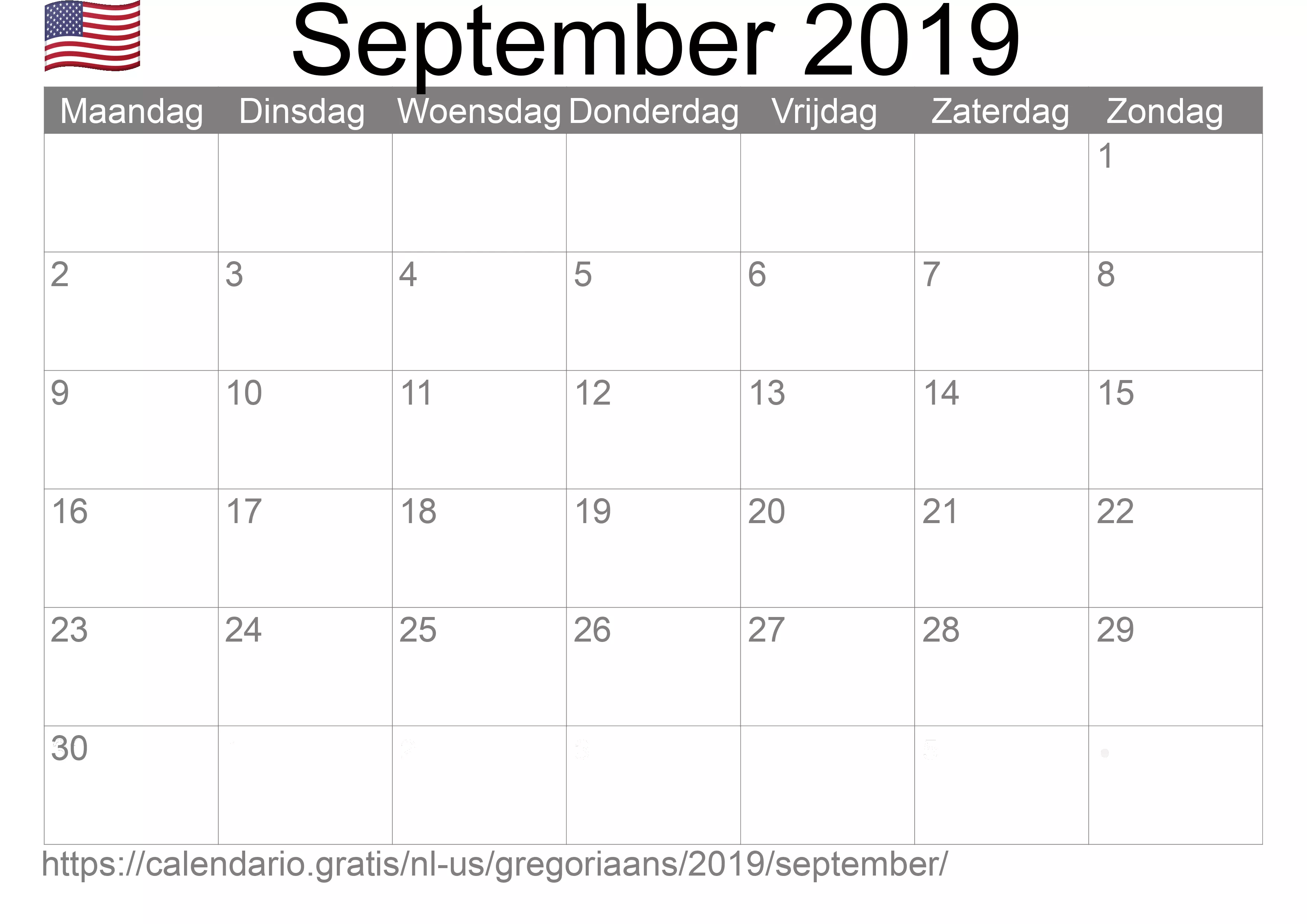 Kalender September 2019 om af te drukken (Verenigde Staten van Amerika)