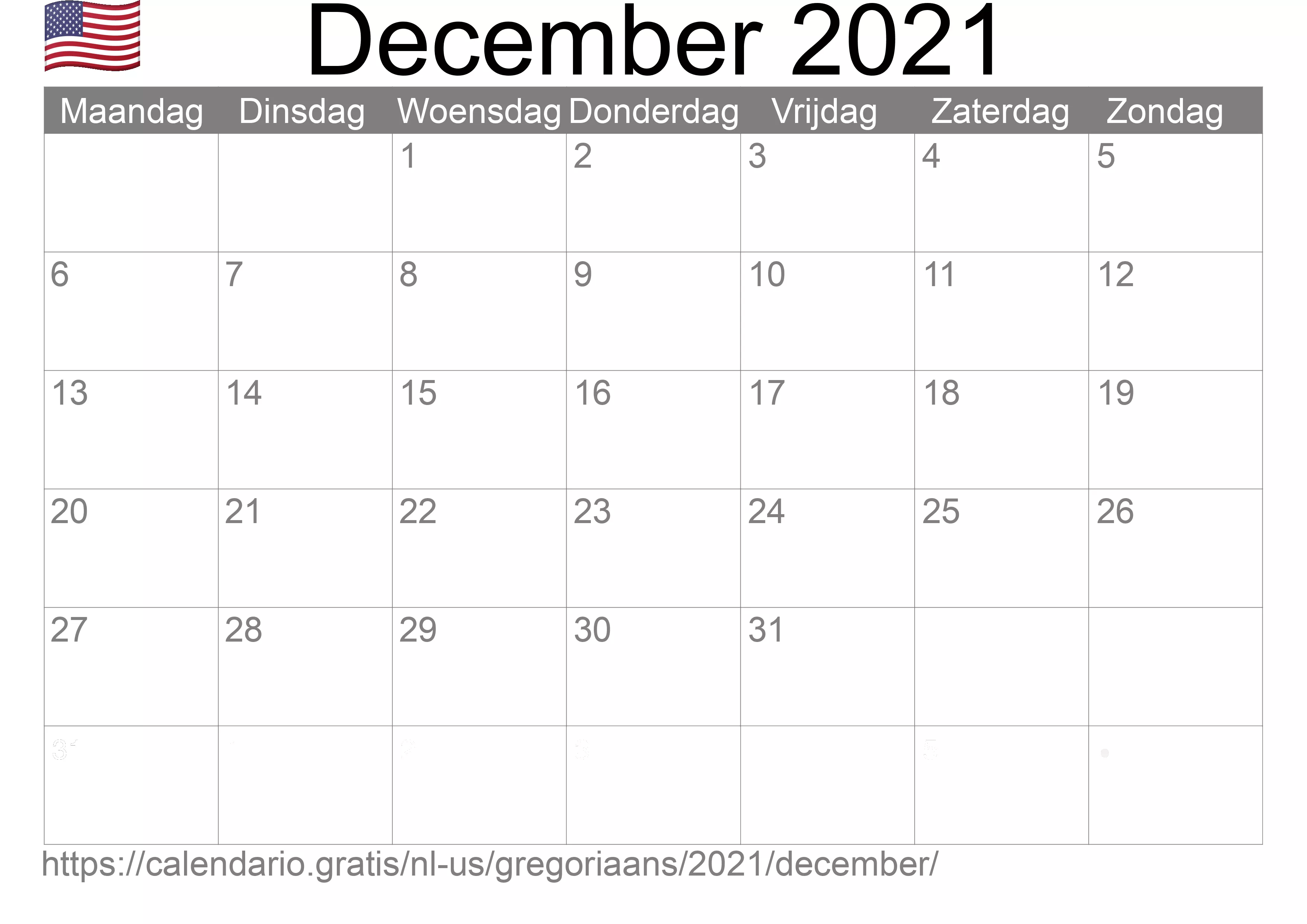 Kalender December 2021 om af te drukken (Verenigde Staten van Amerika)