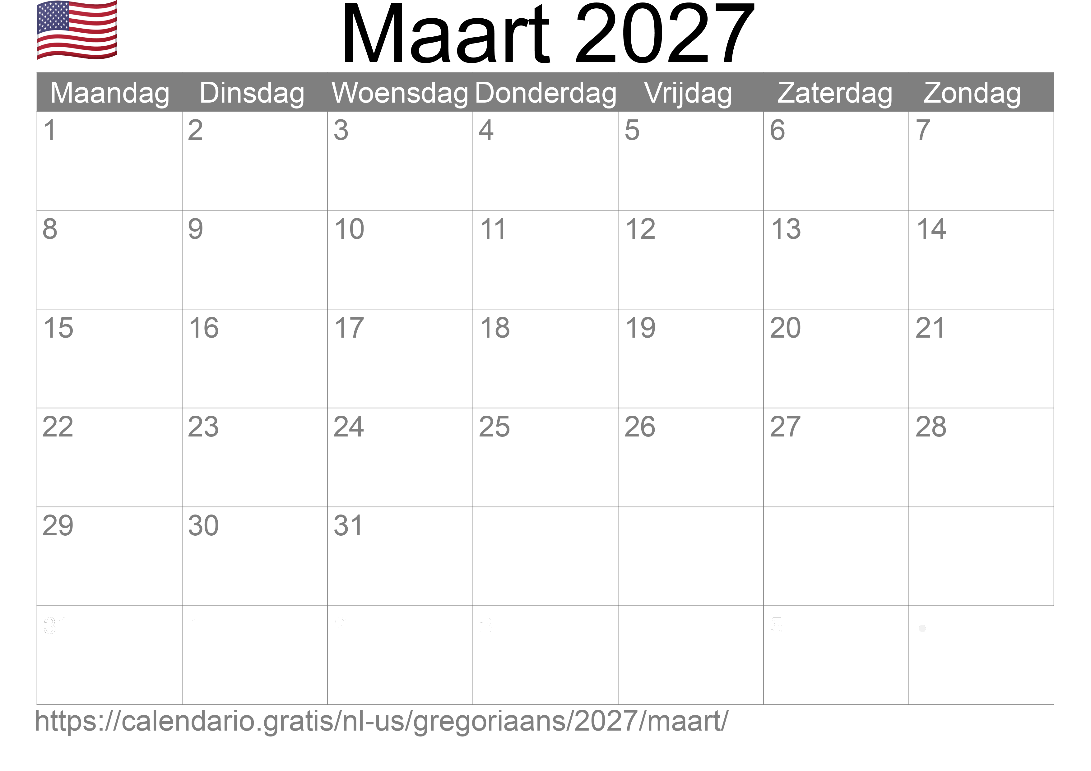 Kalender Maart 2027 om af te drukken