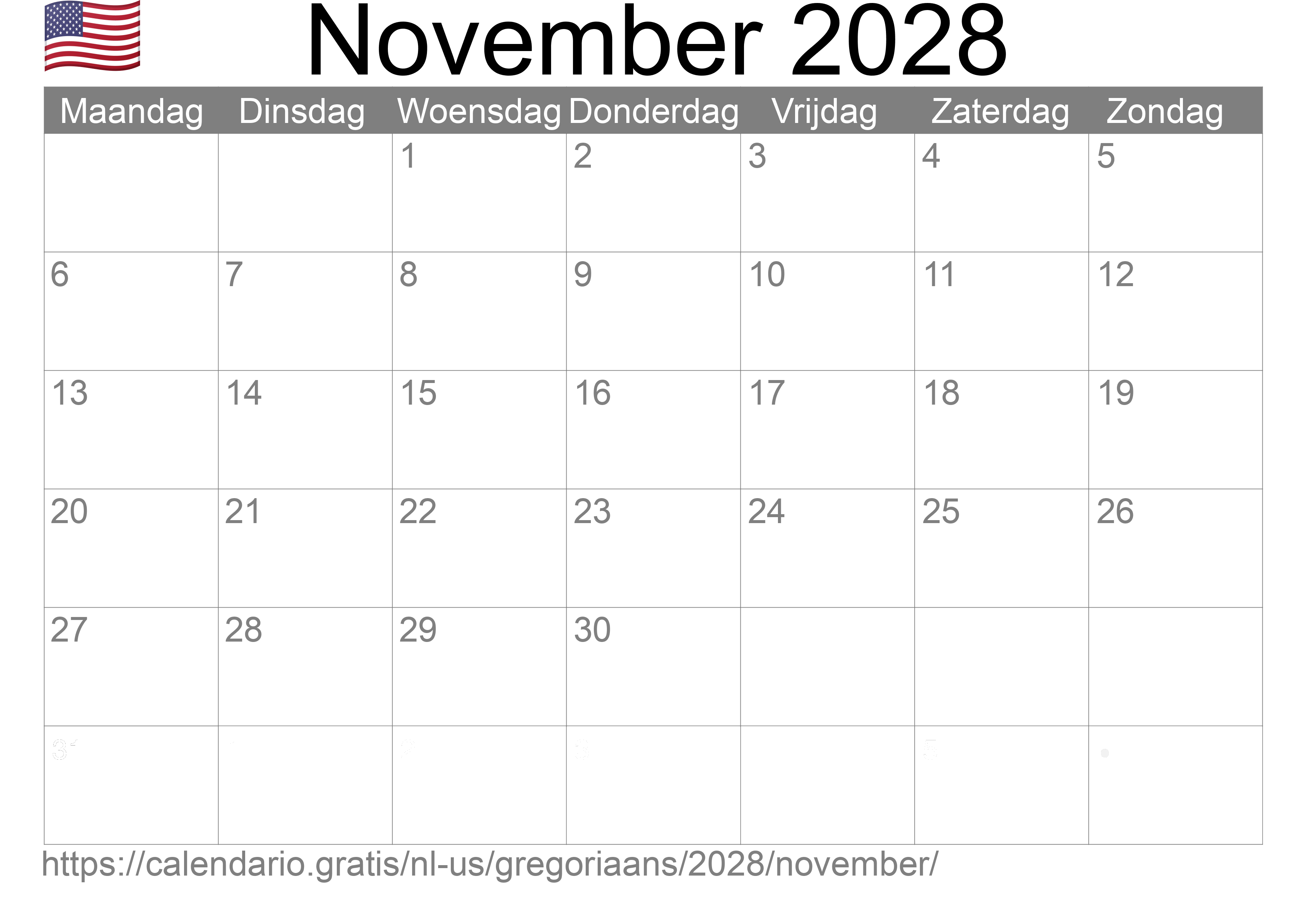 Kalender November 2028 om af te drukken