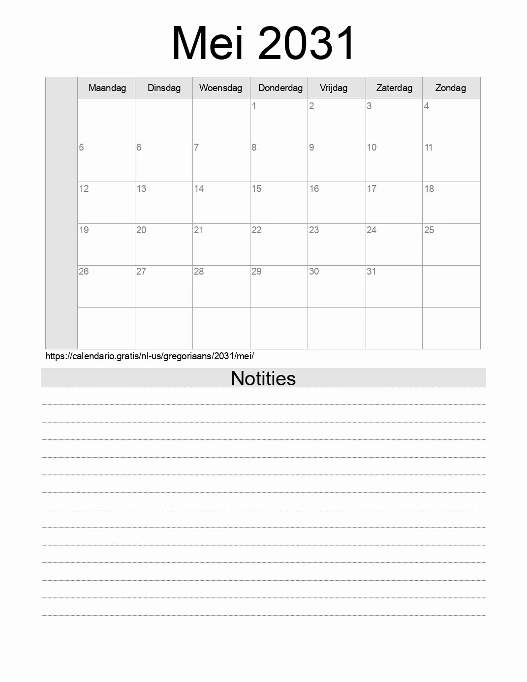 Kalender voor Mei 2031 om af te drukken met notities. (Verenigde Staten van Amerika)