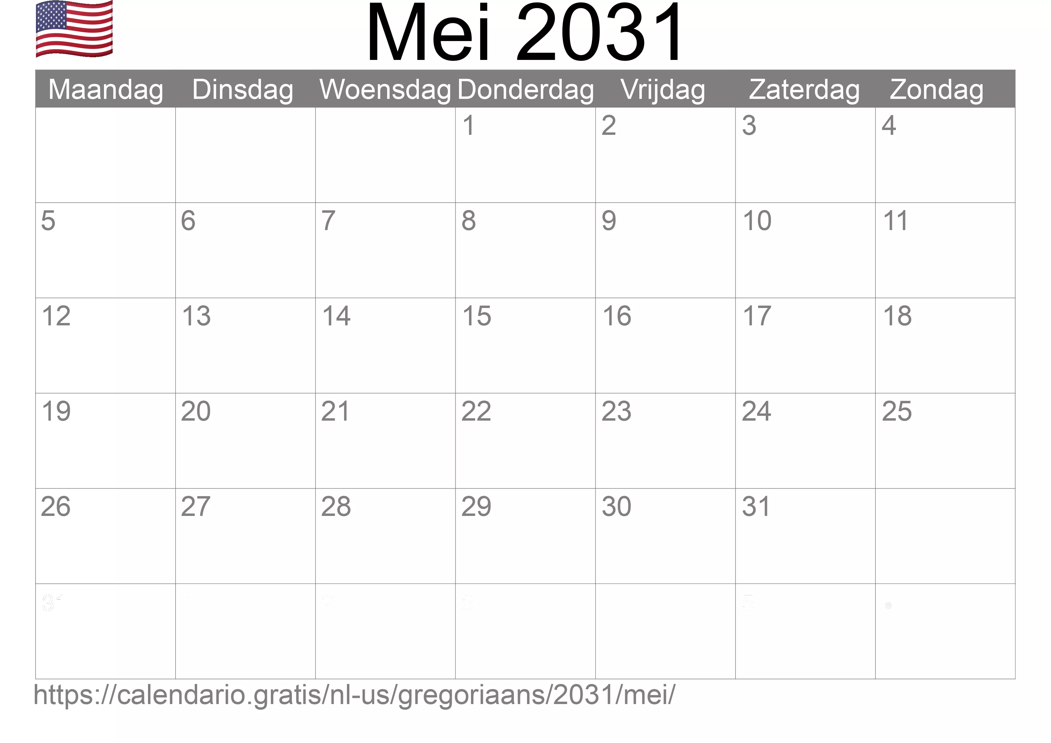 Kalender Mei 2031 om af te drukken (Verenigde Staten van Amerika)