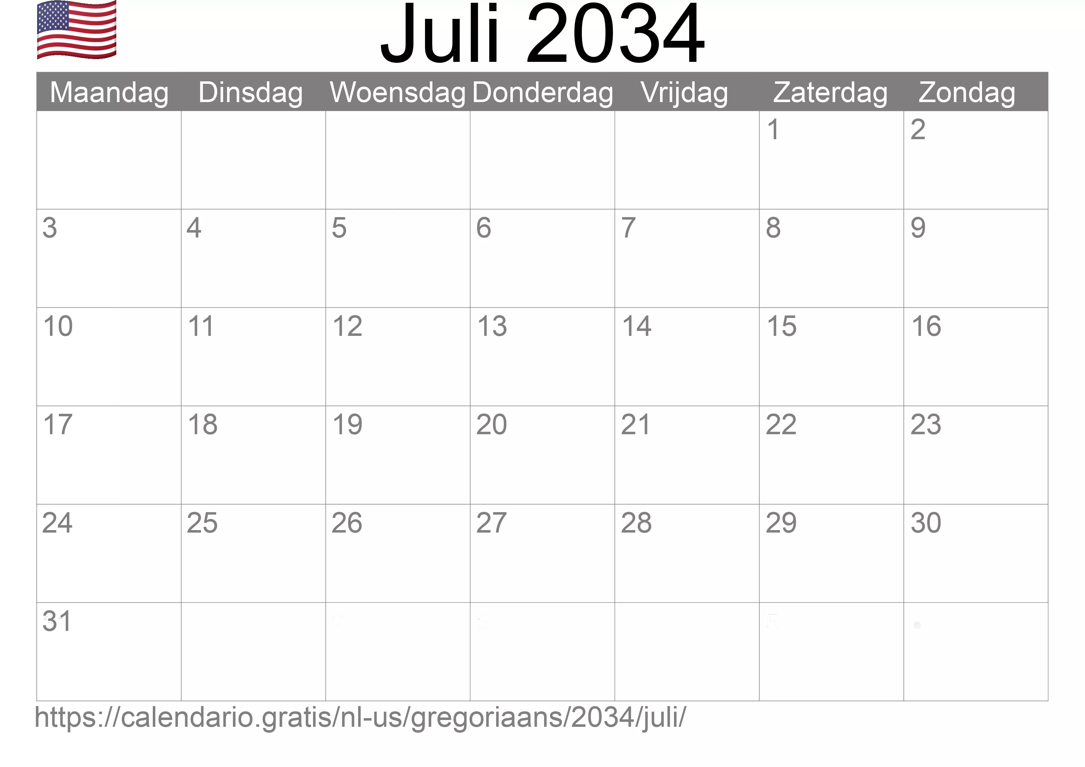 Kalender Juli 2034 om af te drukken (Verenigde Staten van Amerika)