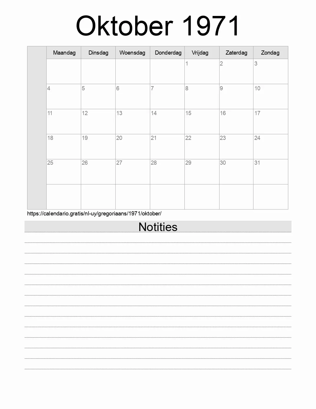 Kalender voor Oktober 1971 om af te drukken met notities. (Uruguay)