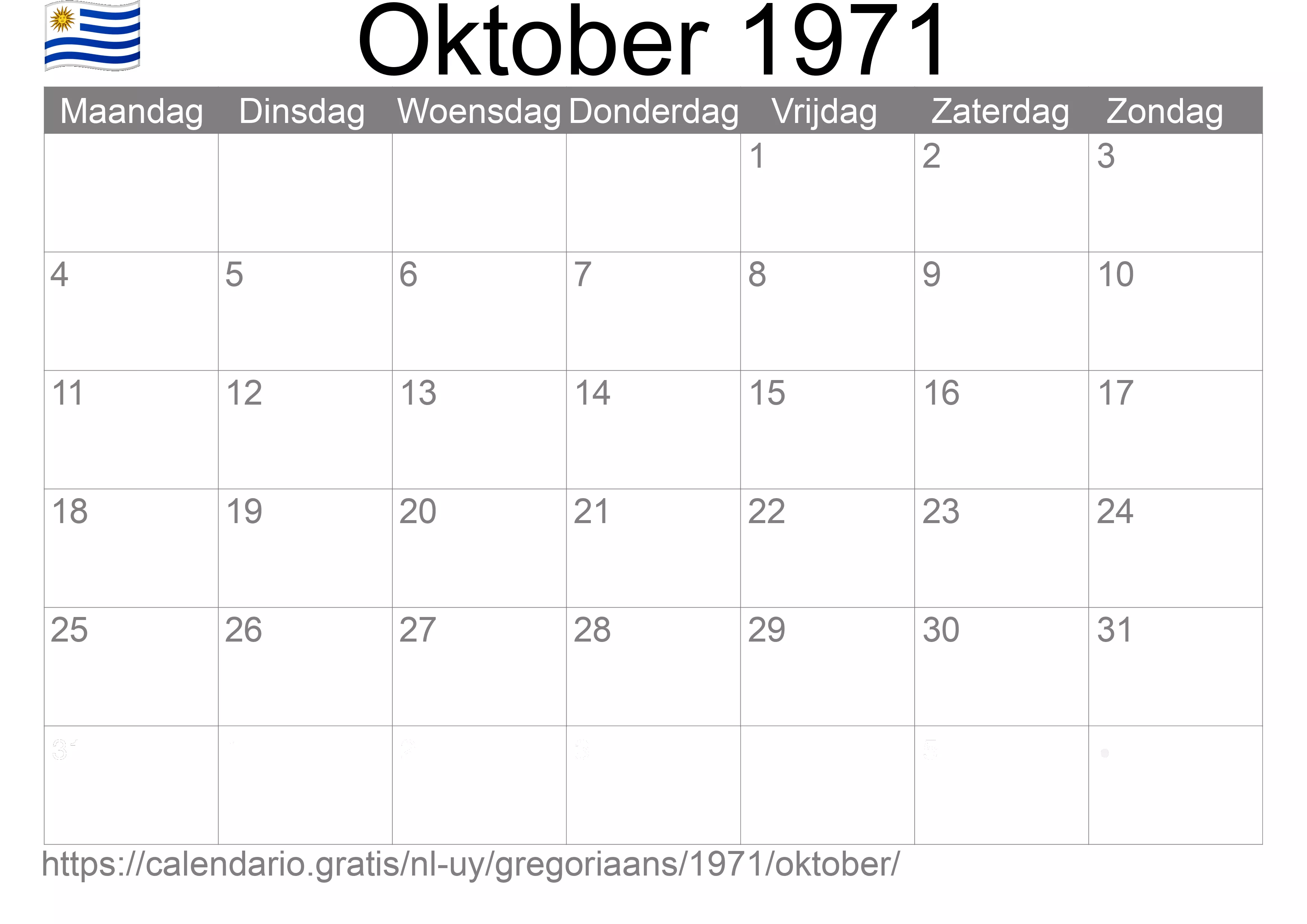 Kalender Oktober 1971 om af te drukken (Uruguay)