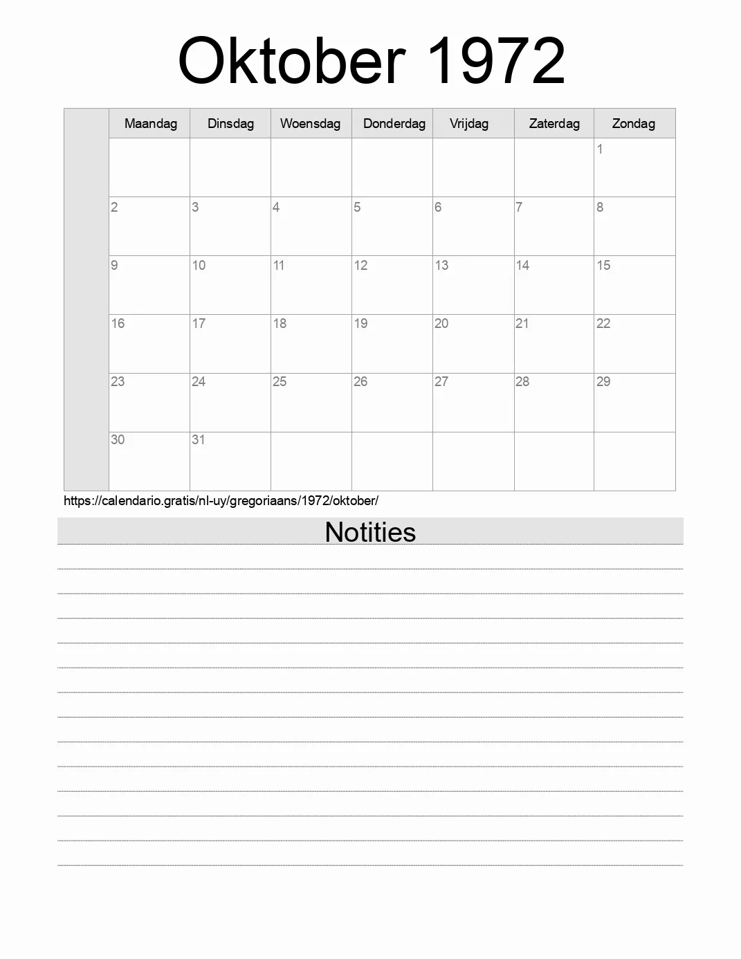 Kalender voor Oktober 1972 om af te drukken met notities. (Uruguay)