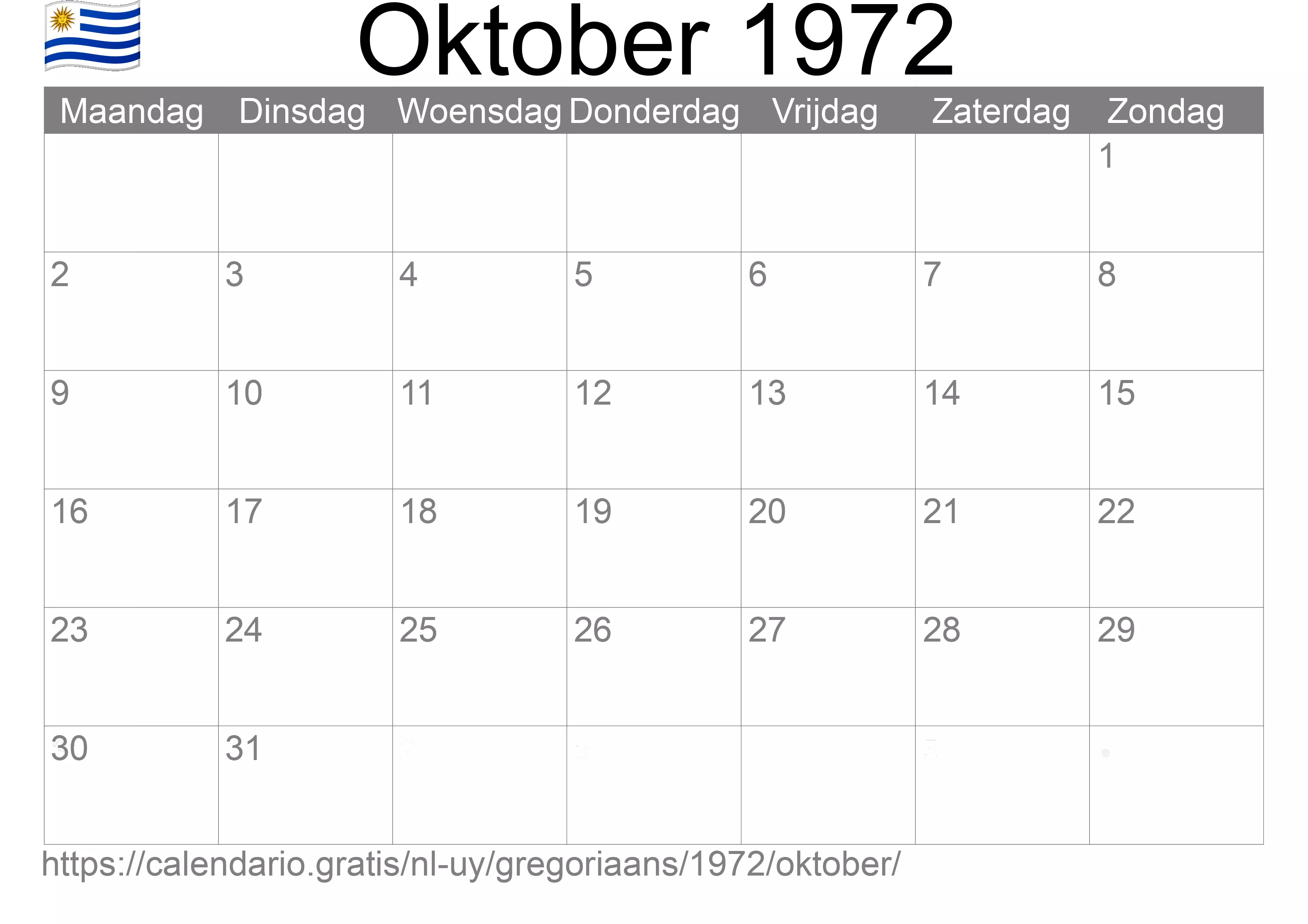 Kalender Oktober 1972 om af te drukken (Uruguay)