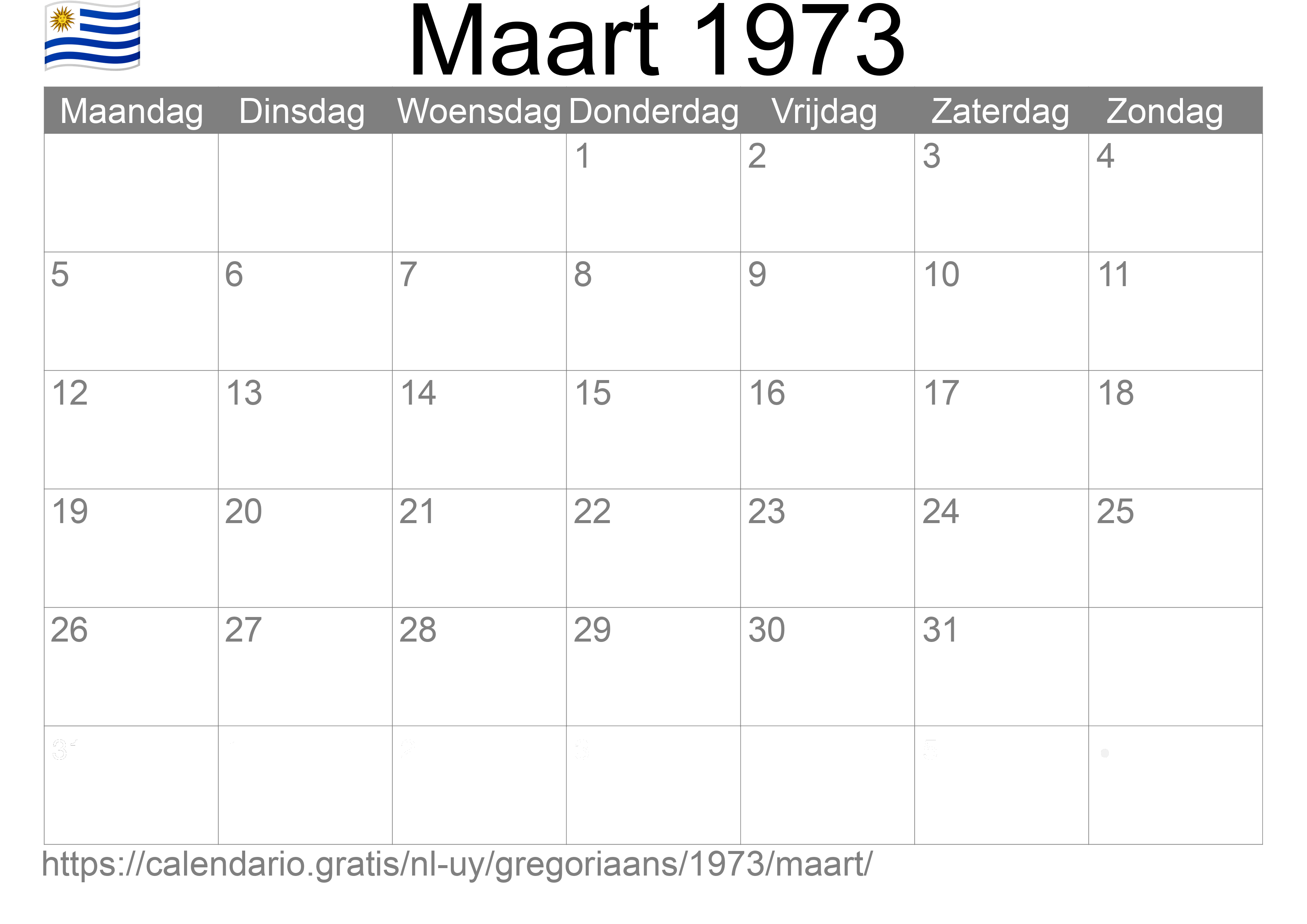 Kalender Maart 1973 om af te drukken