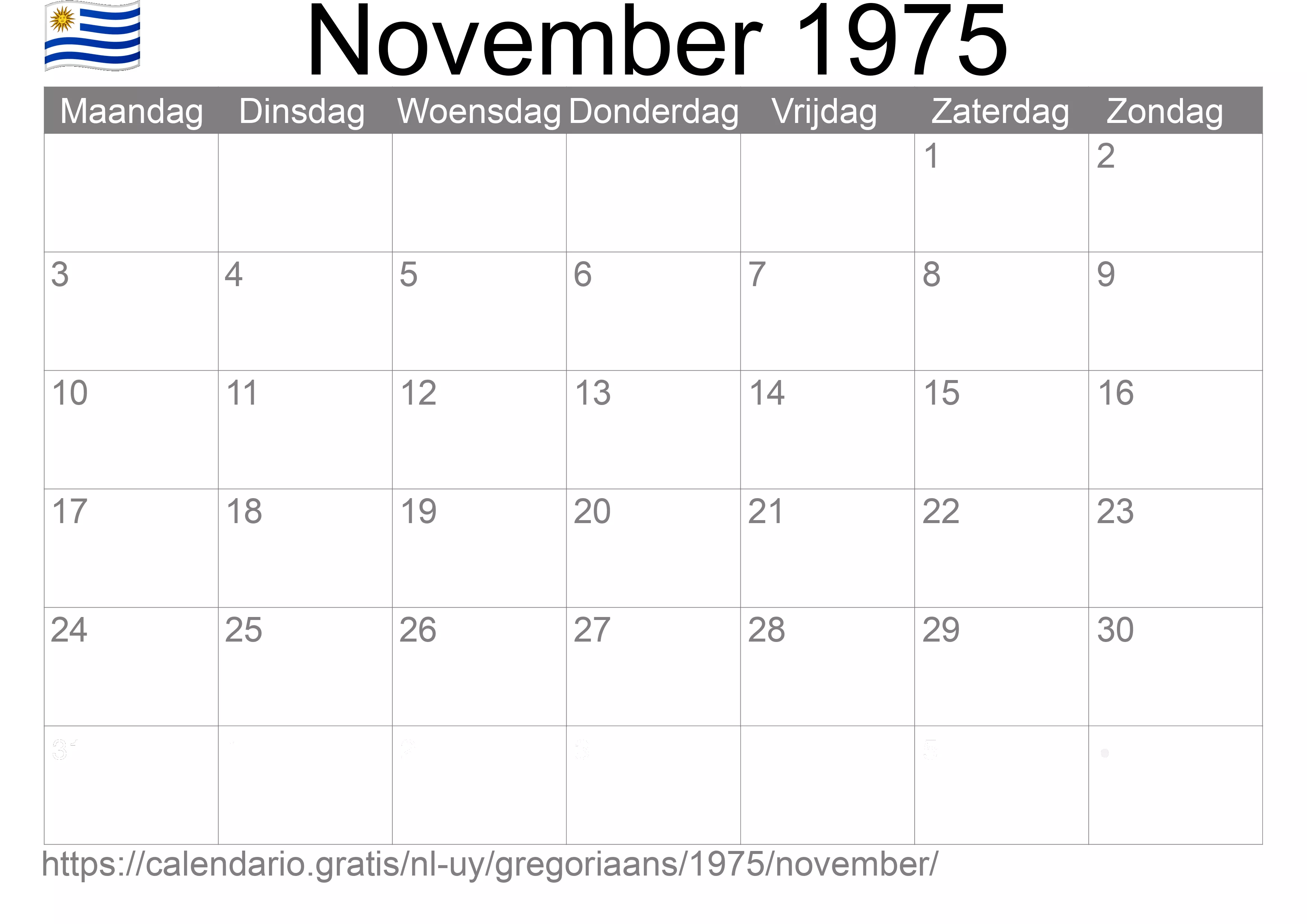 Kalender November 1975 om af te drukken (Uruguay)