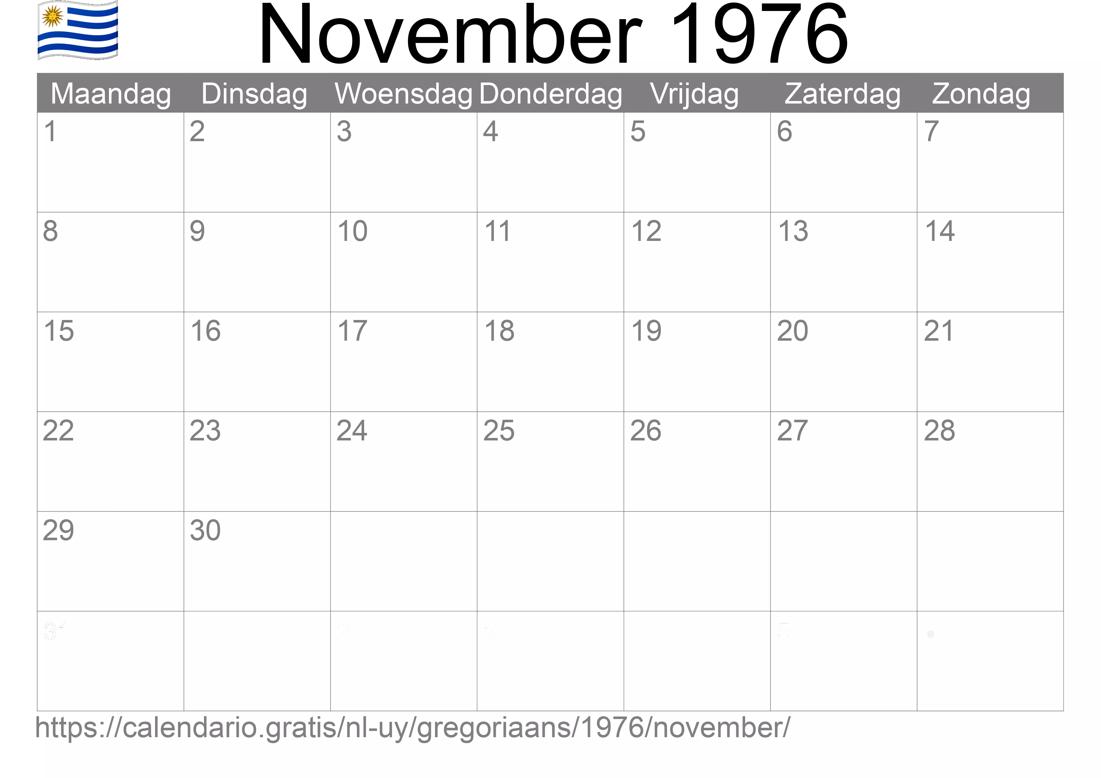 Kalender November 1976 om af te drukken (Uruguay)
