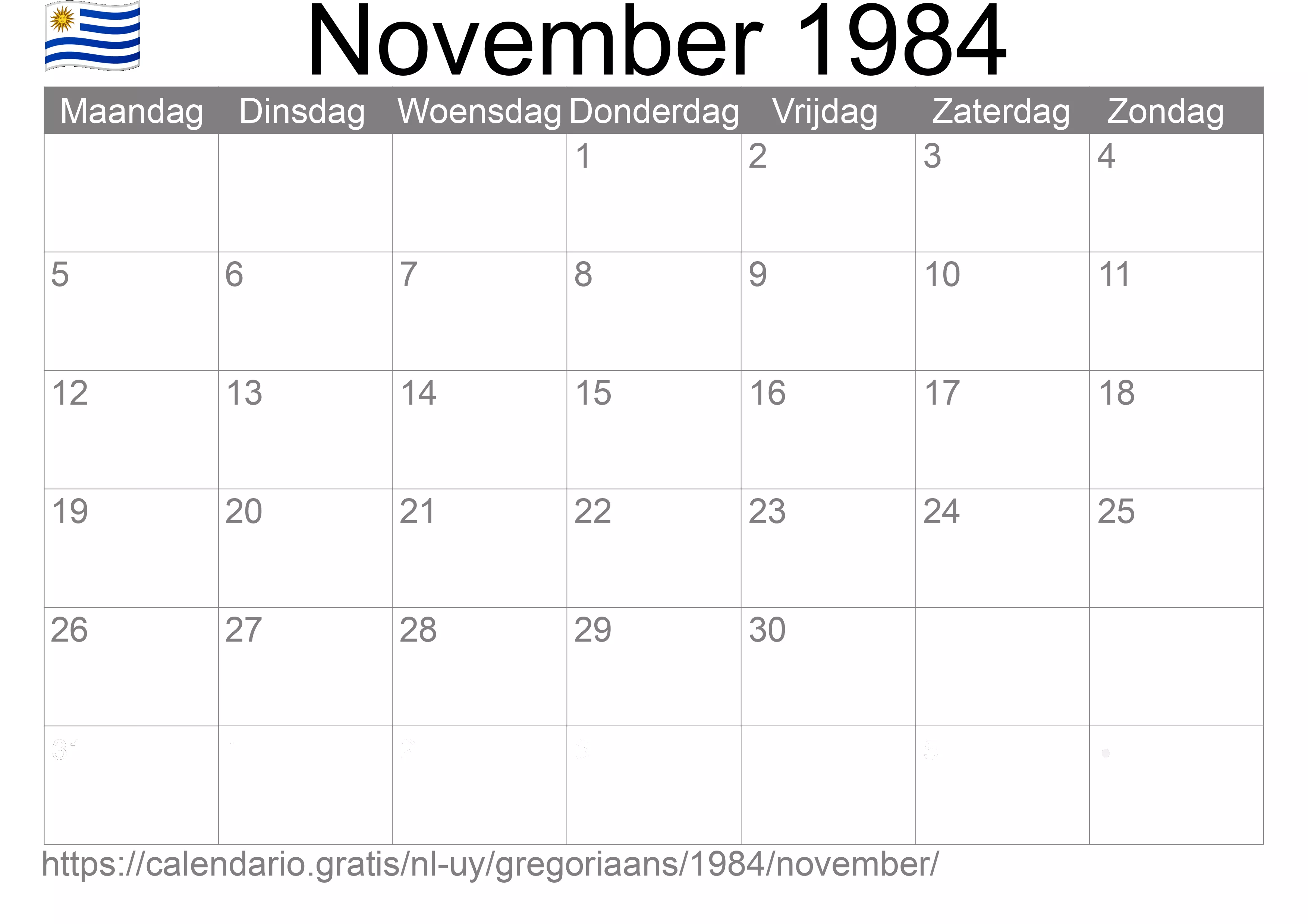 Kalender November 1984 om af te drukken (Uruguay)
