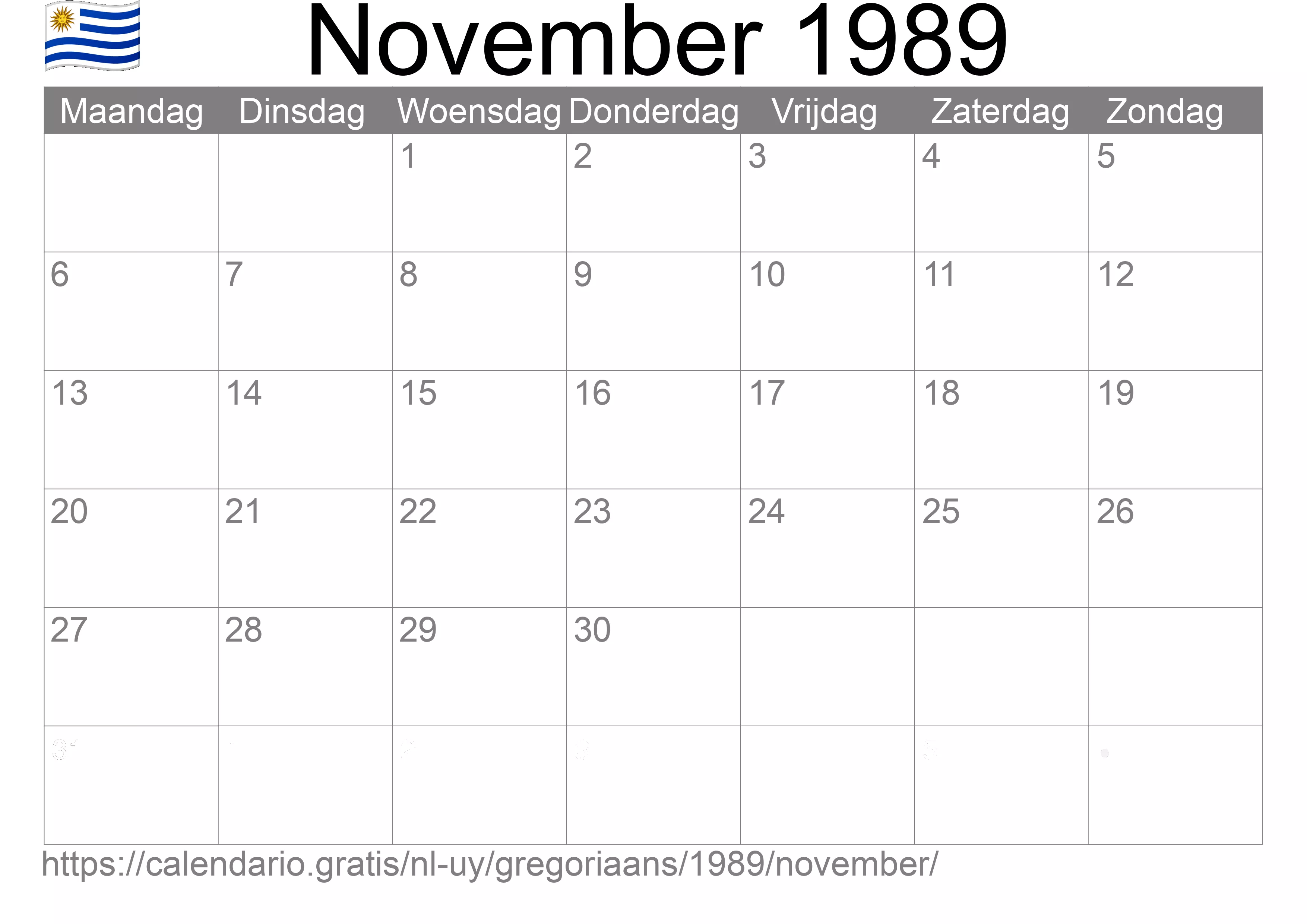 Kalender November 1989 om af te drukken (Uruguay)