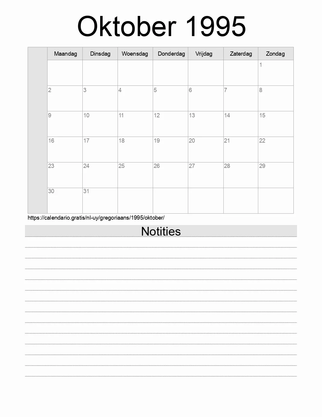 Kalender voor Oktober 1995 om af te drukken met notities. (Uruguay)