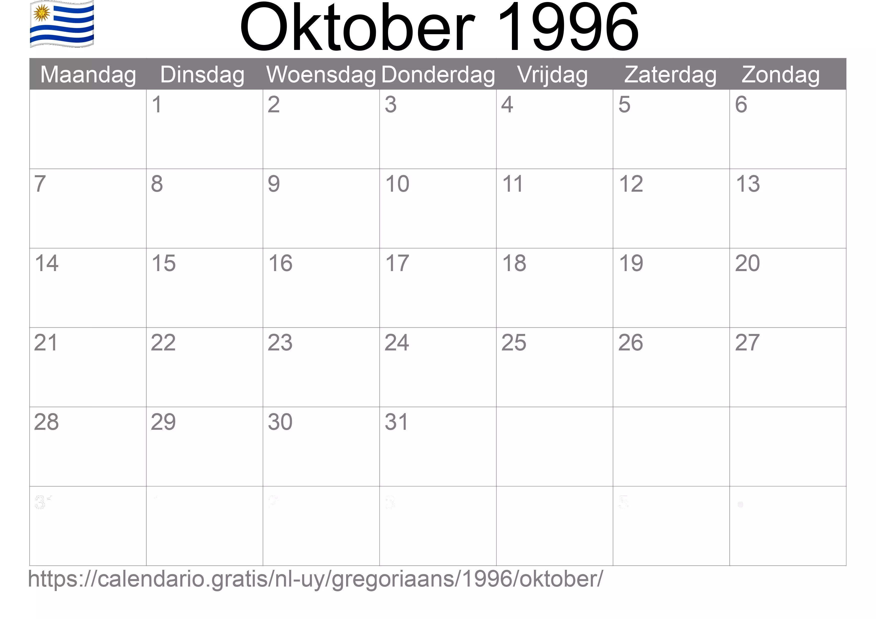 Kalender Oktober 1996 om af te drukken (Uruguay)