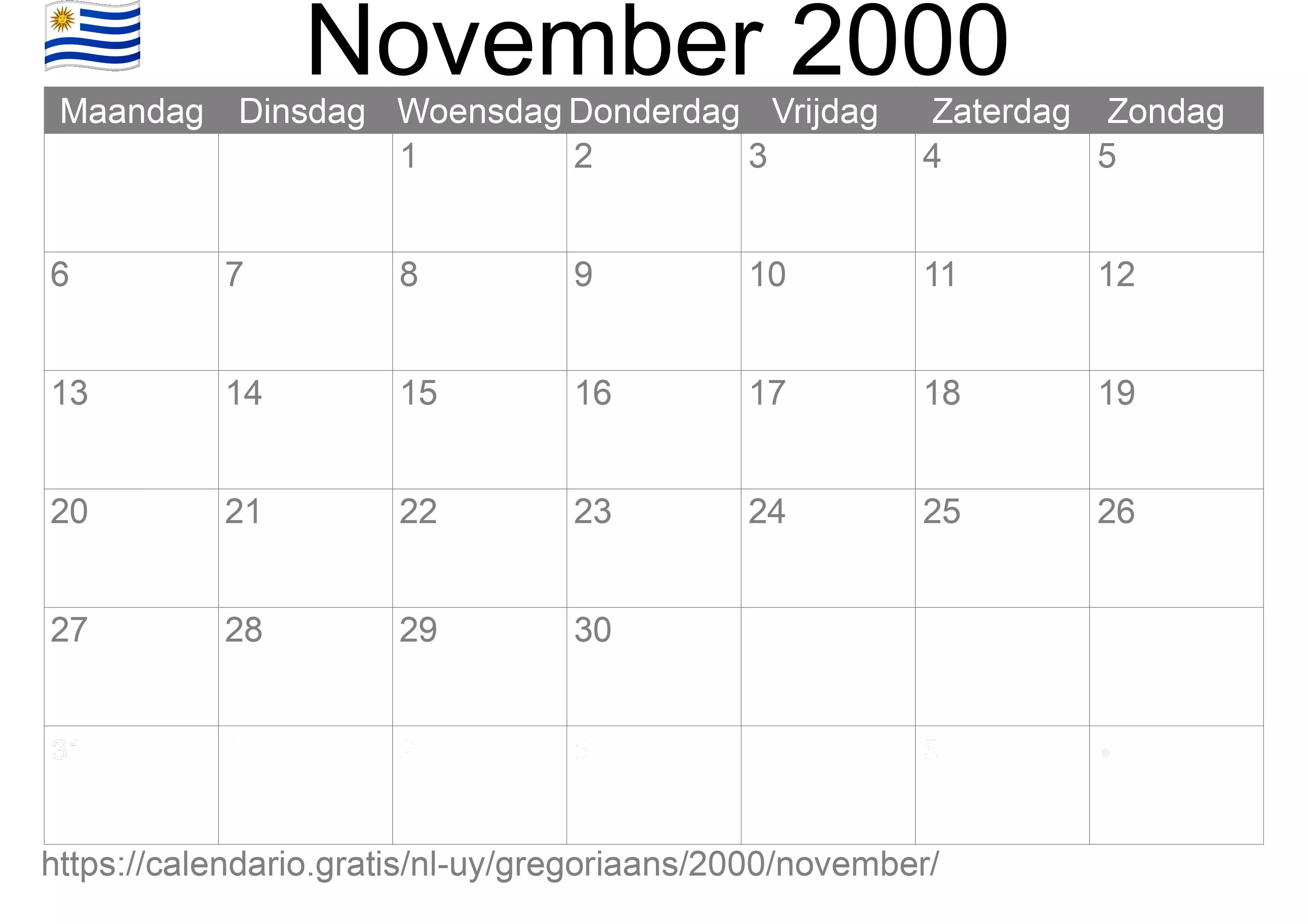 Kalender November 2000 om af te drukken (Uruguay)