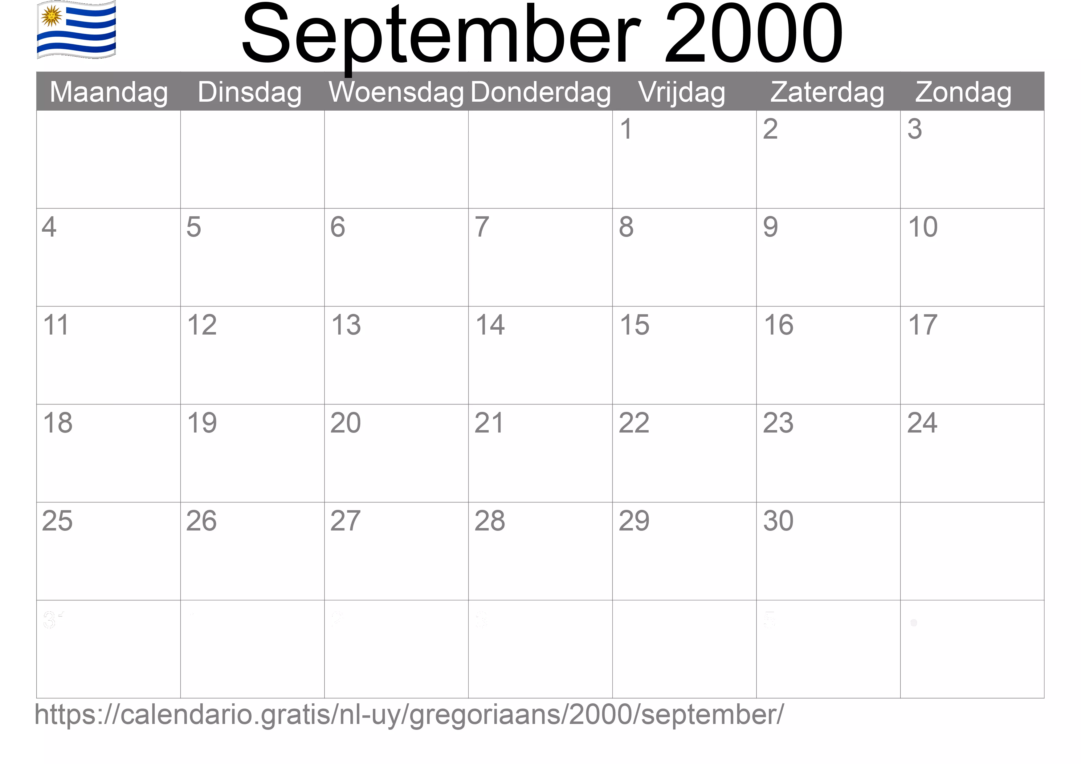 Kalender September 2000 om af te drukken (Uruguay)