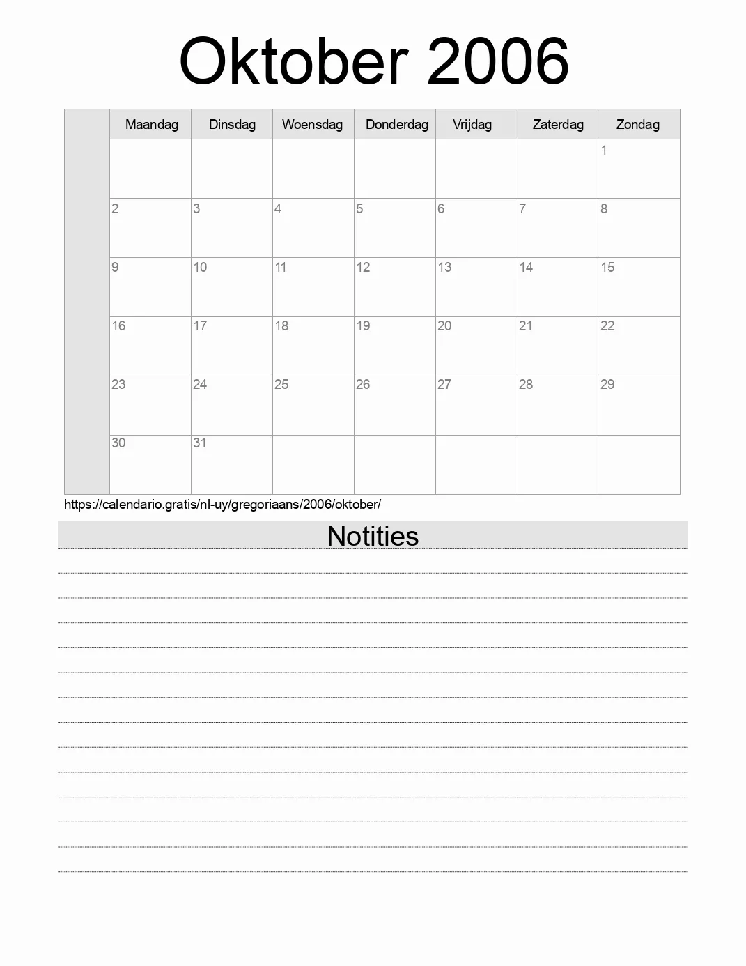 Kalender voor Oktober 2006 om af te drukken met notities. (Uruguay)