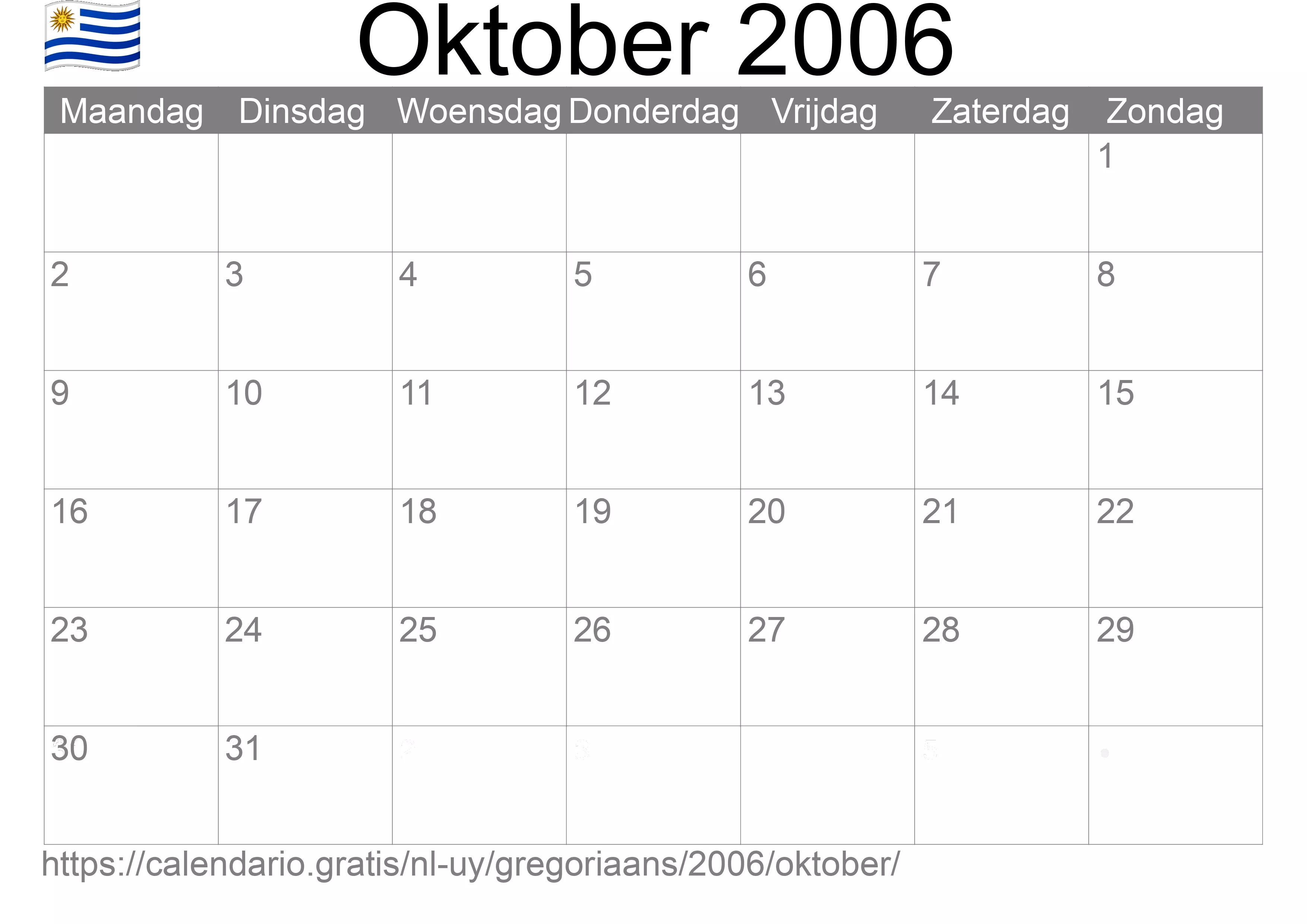 Kalender Oktober 2006 om af te drukken (Uruguay)