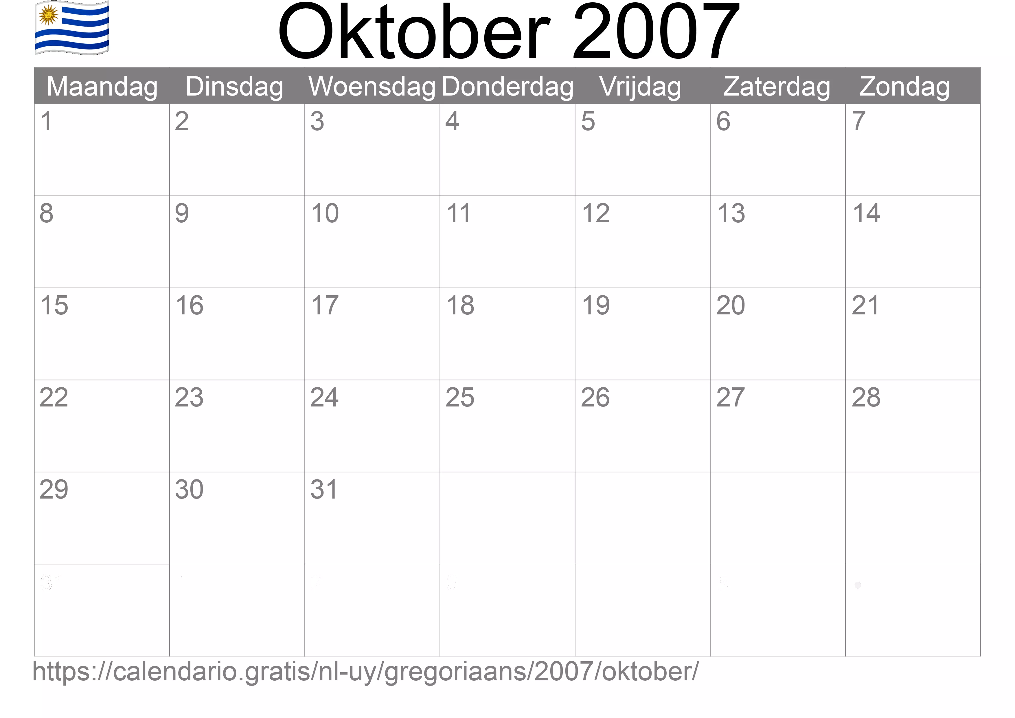 Kalender Oktober 2007 om af te drukken (Uruguay)