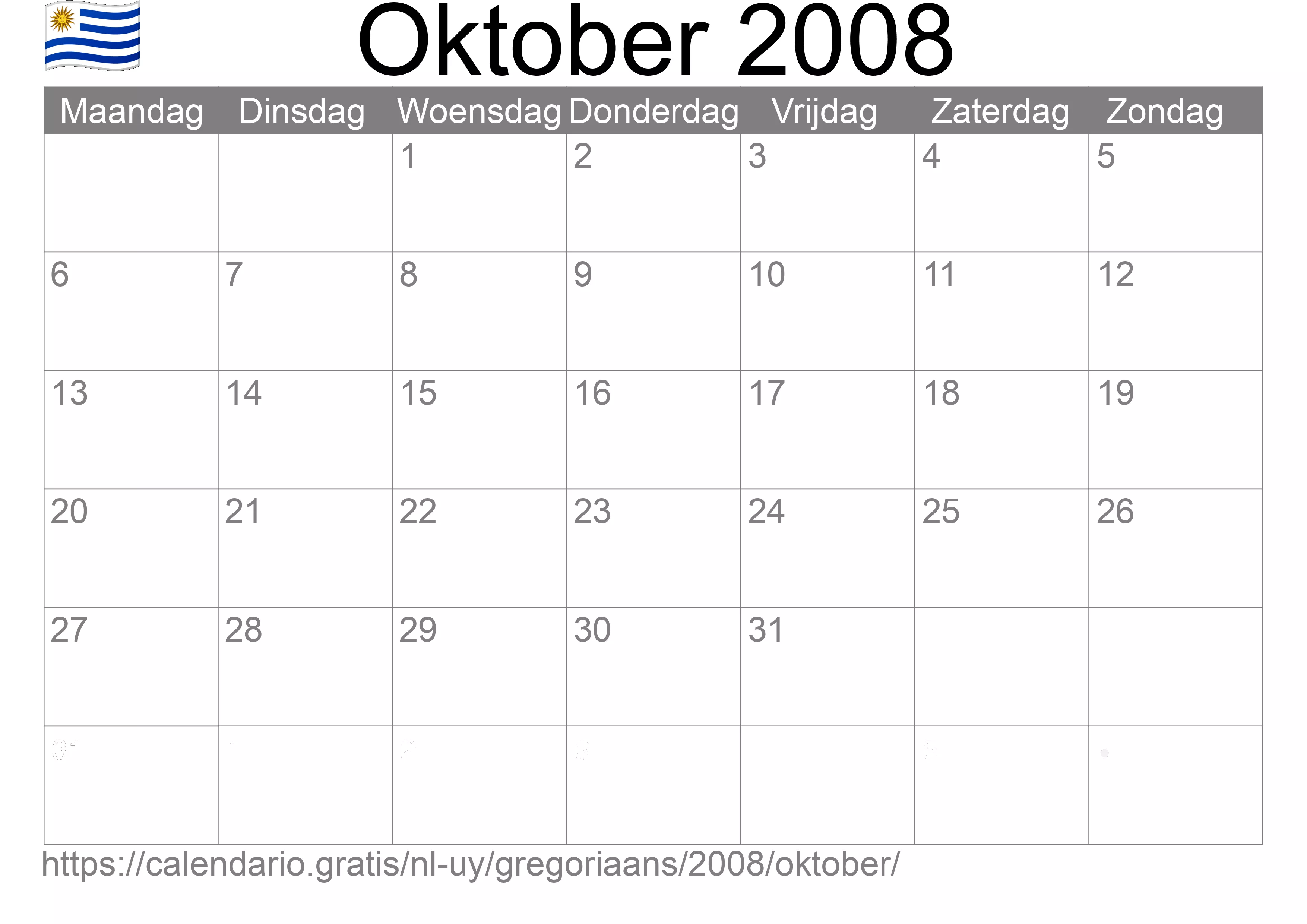 Kalender Oktober 2008 om af te drukken (Uruguay)